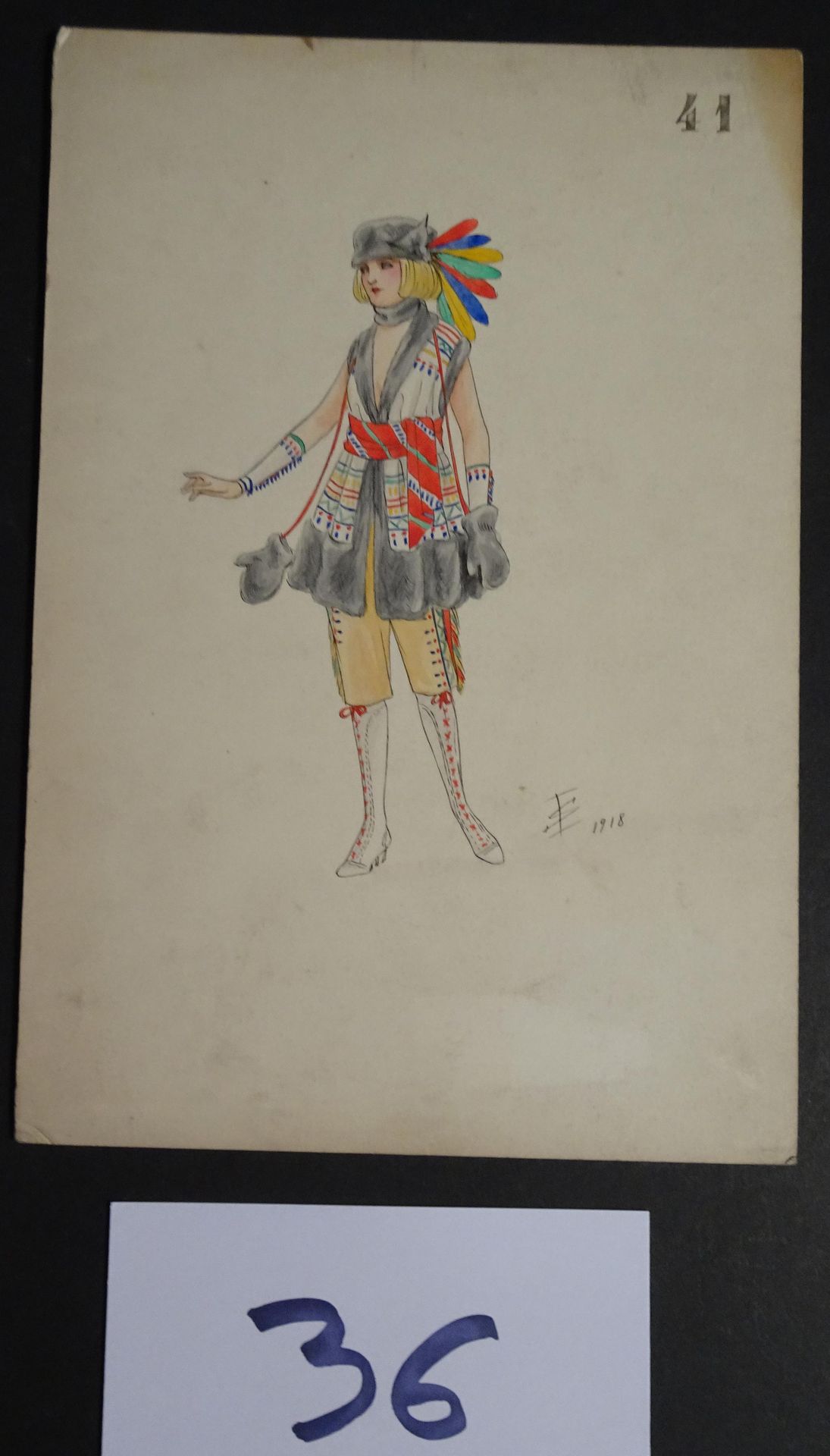 SOKOLOFF 索科洛夫-伊戈尔（10世纪初

"戴羽毛头巾的女人"。钢笔、墨水和水彩画。右下角有图案，日期为1918年。27 x 18厘米。