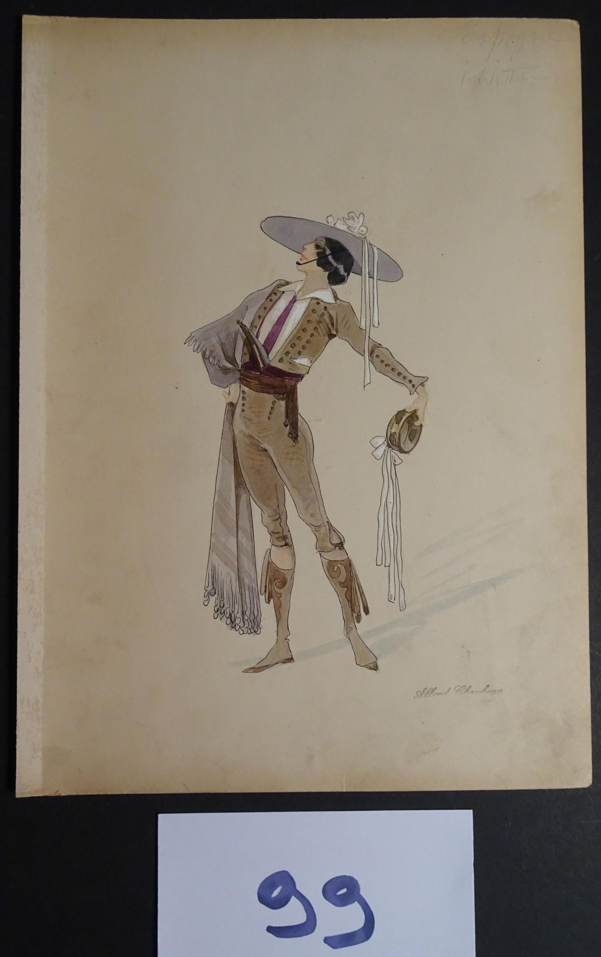 CHOUBRAC 丘巴克-阿尔弗雷德（1853-1902）。

"西班牙人 "约1900年。 为音乐厅创作的服装。一套2幅水粉画，中国水墨，已签名。31 x 2&hellip;