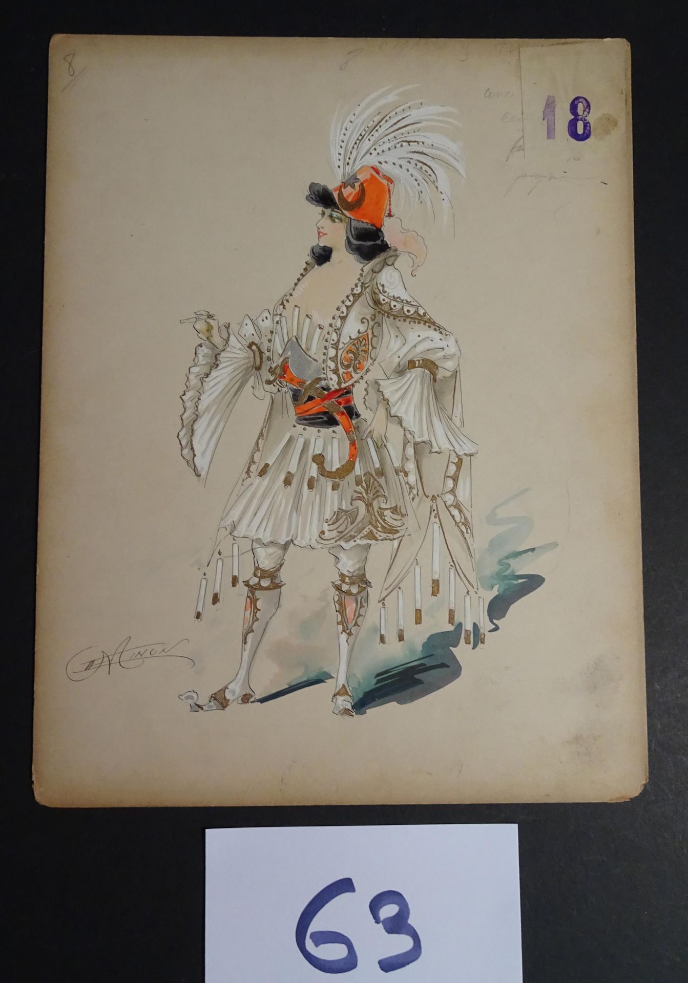 MINON 铭恩公司

"土耳其雪茄"，约1880年。为一本杂志制作的服装模型。水彩水粉，印度墨水，已签名。32 x 25厘米。
