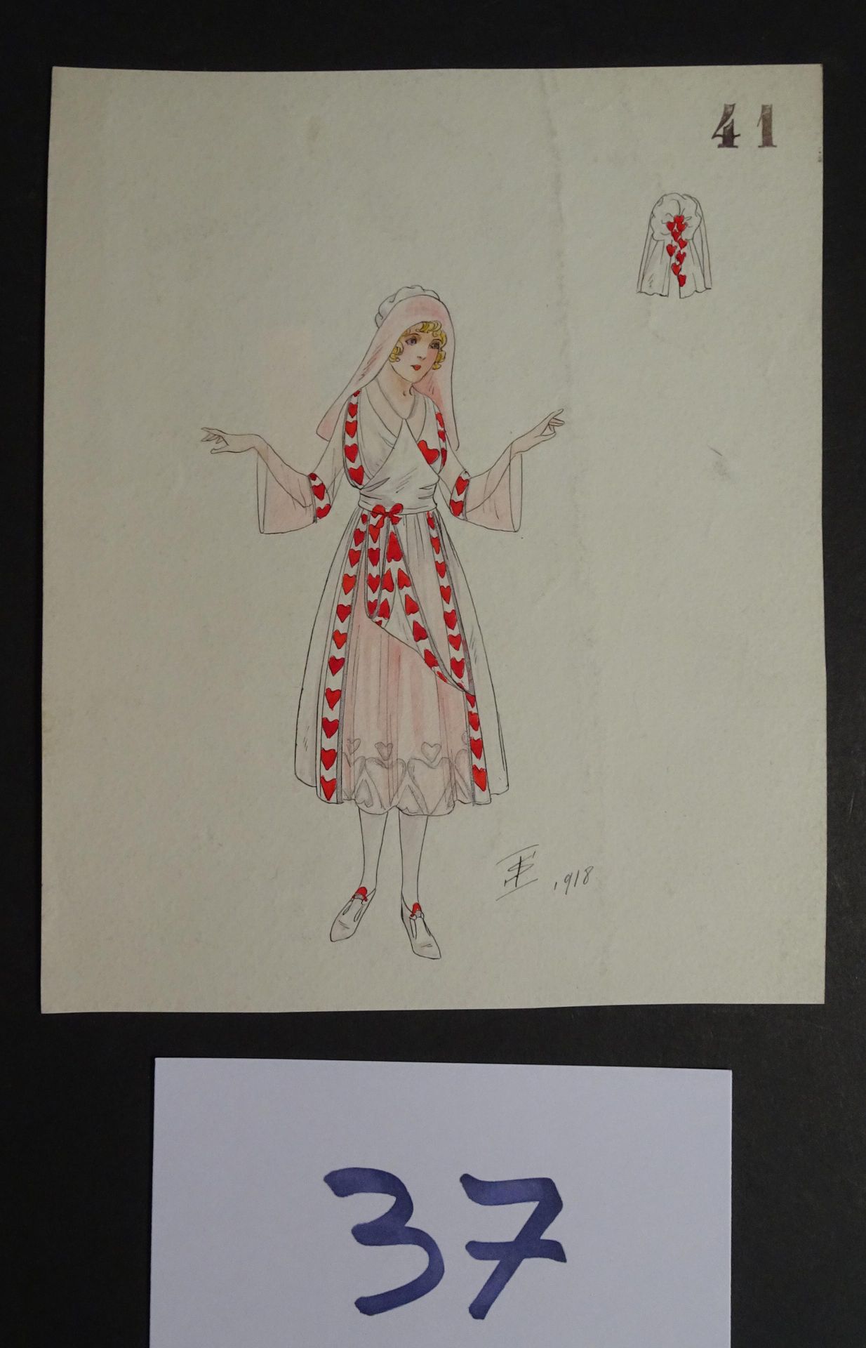 SOKOLOFF 索科洛夫-伊戈尔（20世纪初

"穿心衣的女人"。钢笔、墨水和水彩画。右下角有图案，日期为1918年。21 x 17 cm。