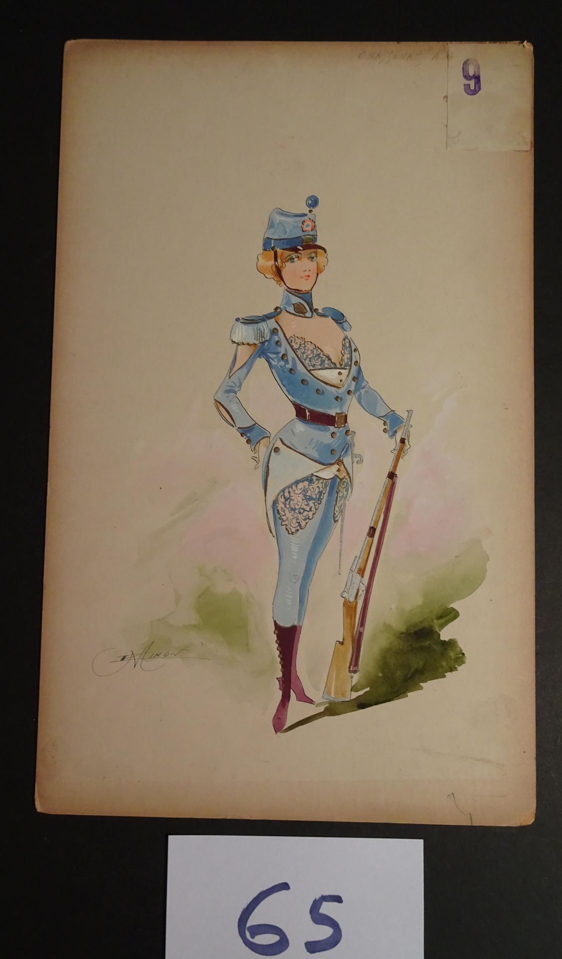 MINON 铭恩公司

"猎人"，约1880年。为一本杂志制作的服装模型。水彩水粉，印度墨水，已签名。40 x 25厘米。