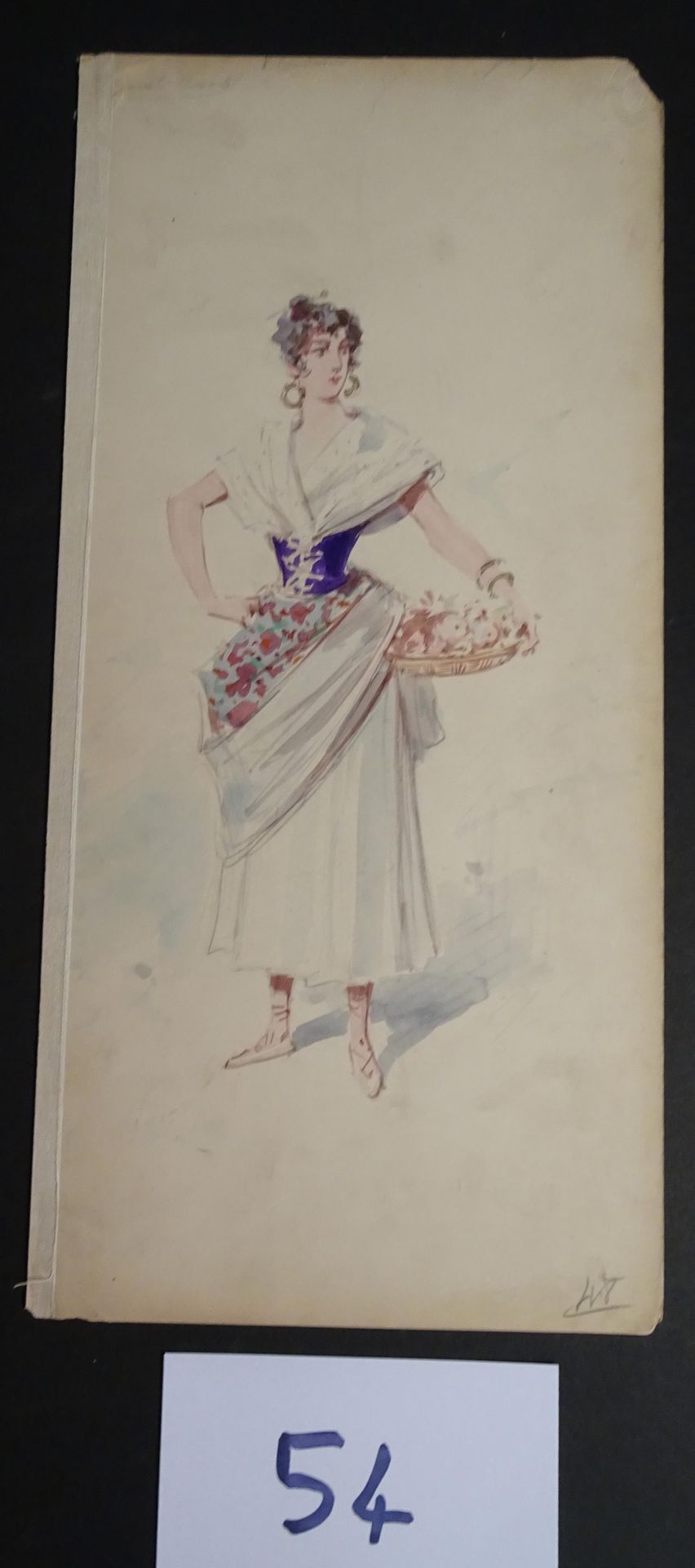 EDEL 埃德尔-阿尔弗雷多(1859-1912)

"拿着一篮子水果的女人"。水粉，水彩和墨水。约1891年。43 x 20厘米。