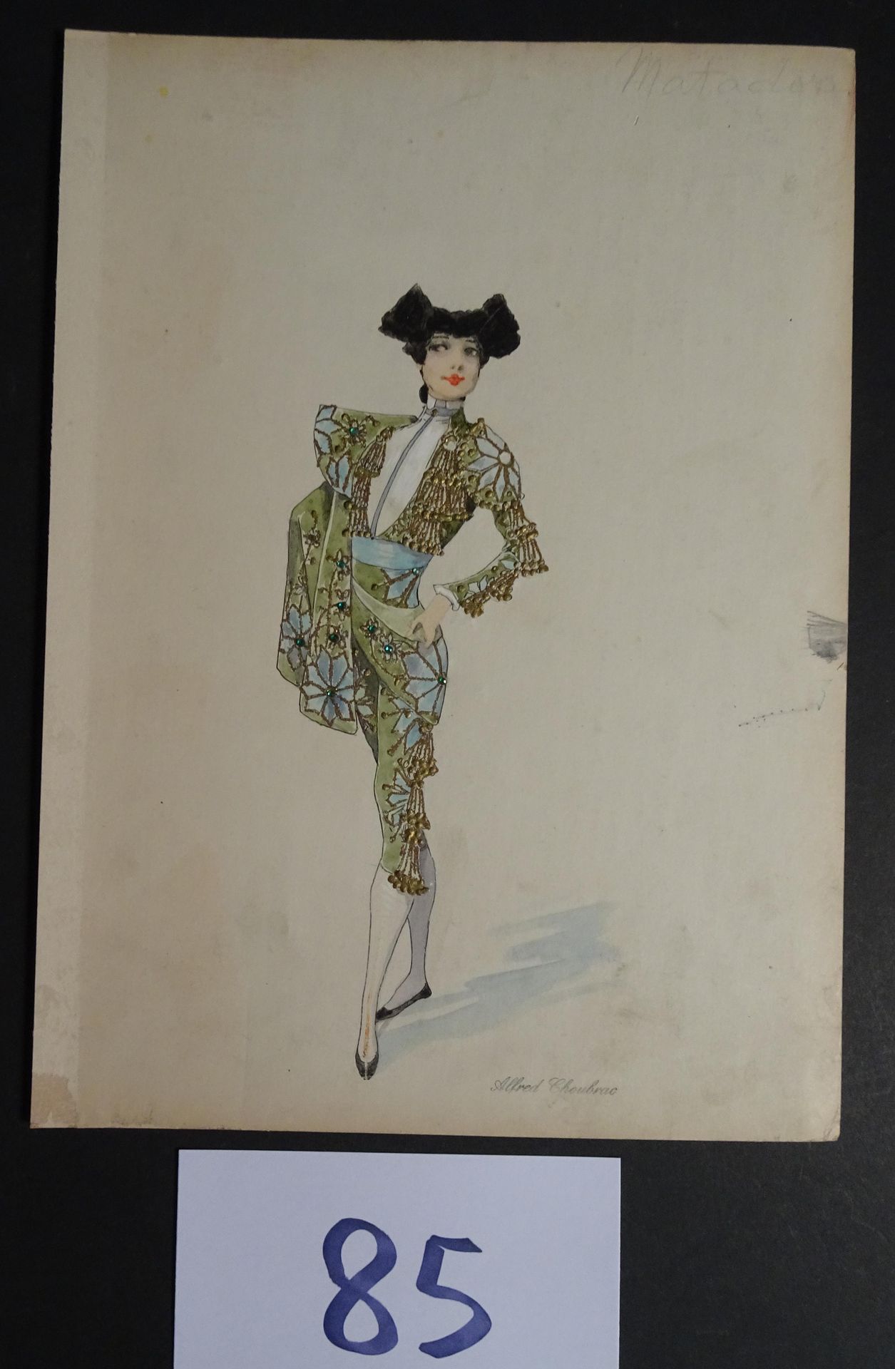 CHOUBRAC 丘巴克-阿尔弗雷德（1853-1902）。

"斗牛士"，约1900年。 为音乐厅创作的服装。水粉画，印度墨水和珍珠在纸板上，已签名。31 x&hellip;