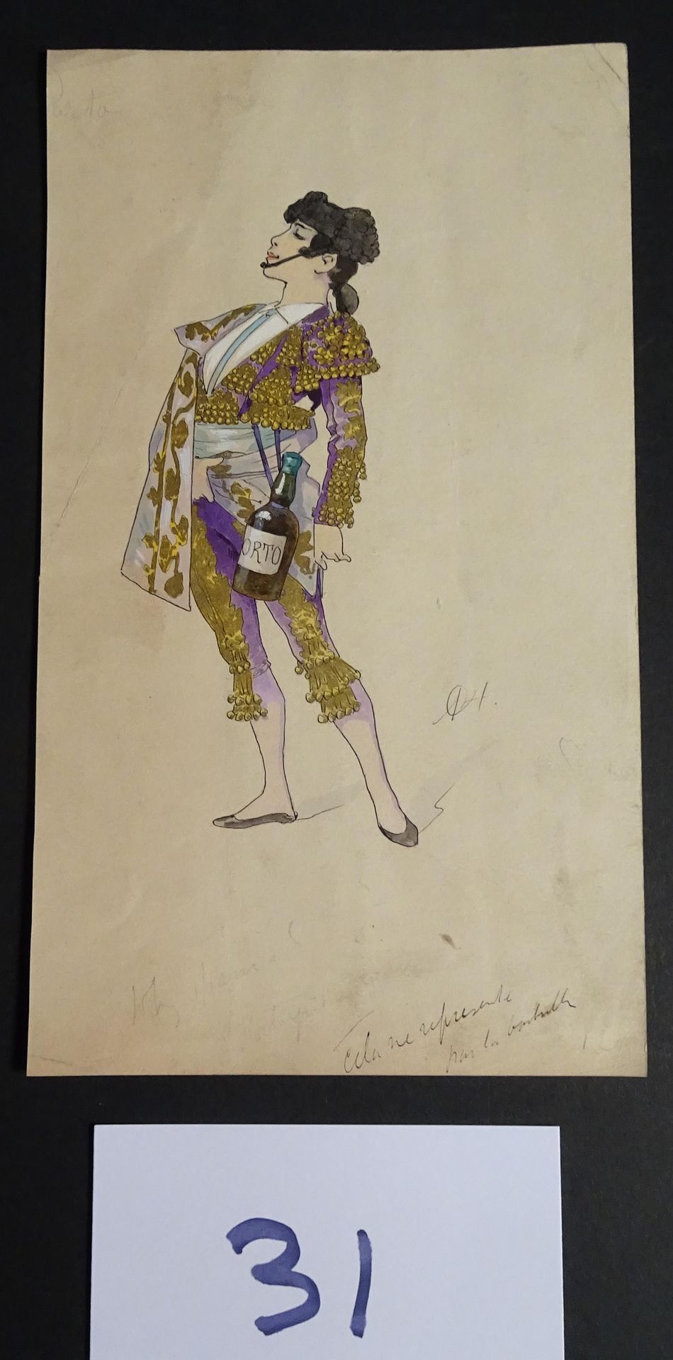 CHOUBRAC 丘巴克-阿尔弗雷德（1853-1902）。

"读书人"，约1900年。 为音乐厅创作的服装。纸板上的水粉画，有图案。29 x 17厘米。