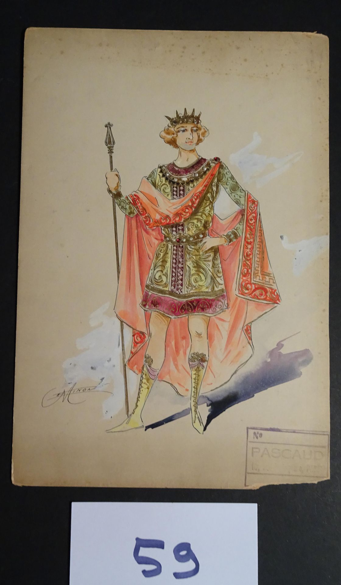 MINON 铭恩公司

"国王"，约1880年。为一本杂志制作的服装模型。水彩水粉画，镶嵌珍珠和宝石，已签名。32 x 22 cm。( Stamp Pascau&hellip;