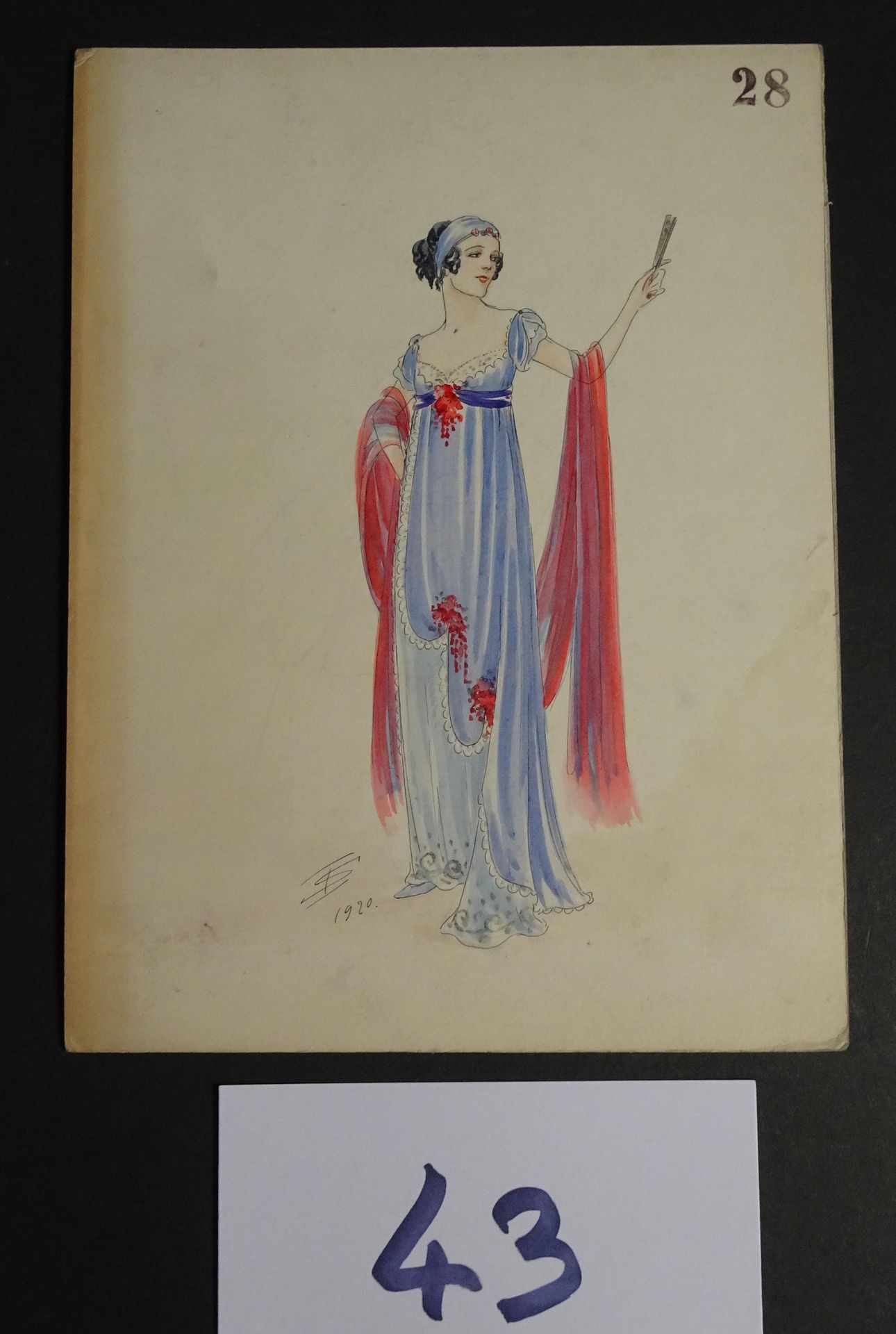 SOKOLOFF SOKOLOFF IGOR (20世纪初)

"拿着扇子的女人"。钢笔、墨水和水彩画。左下角有签名，日期为1920年。