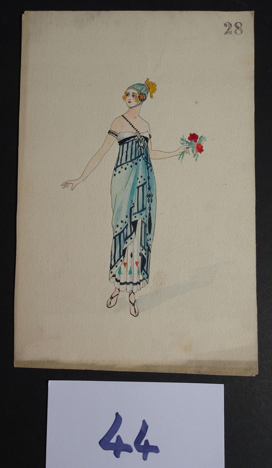SOKOLOFF 索科洛夫-伊戈尔（10世纪初

"拿着一束红花的女人"。钢笔、墨水和水彩画。C. 1920年。27 x 18厘米。