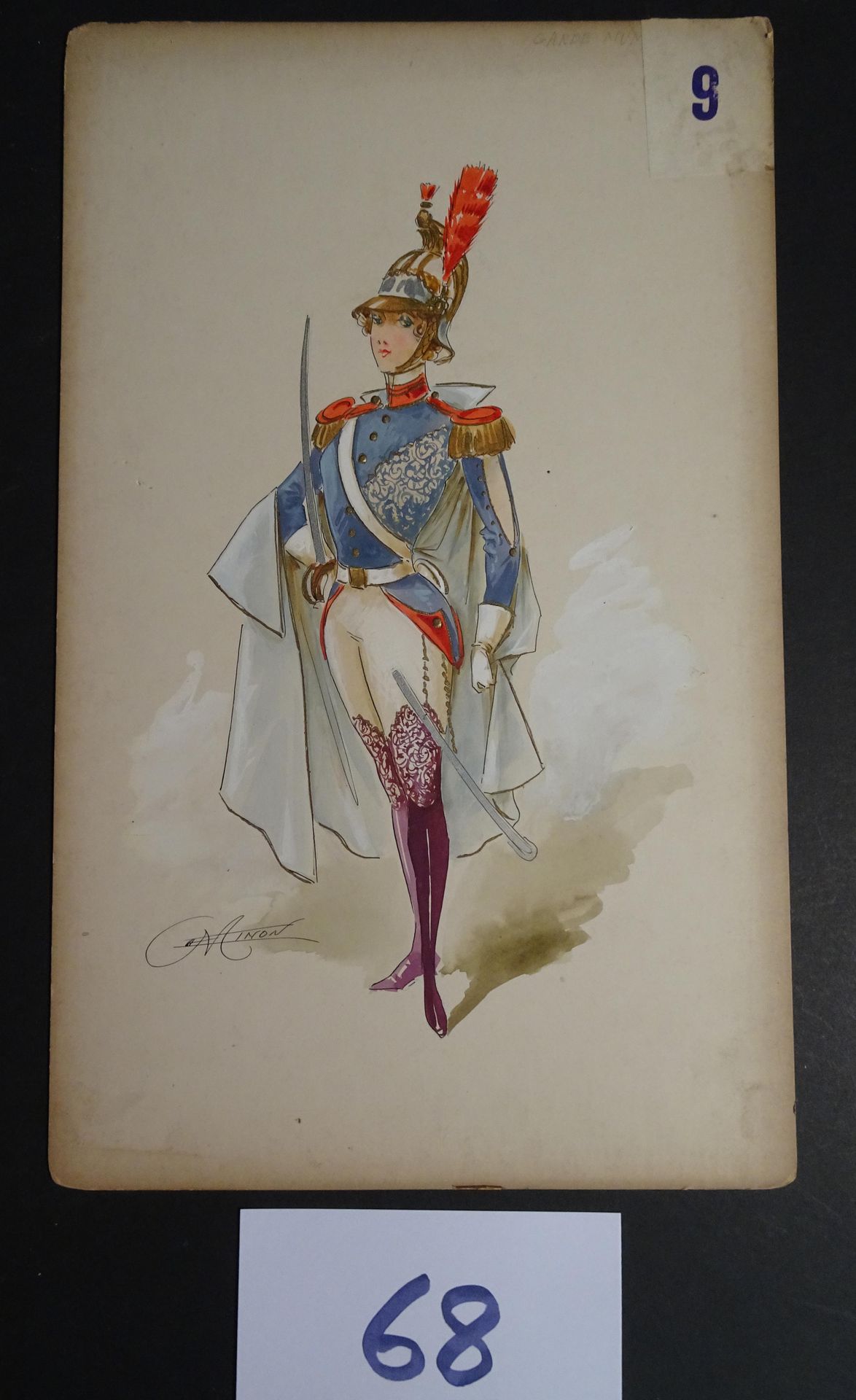 MINON 铭恩公司

"警卫"，约1880年。为一本杂志制作的服装模型。水彩水粉，印度墨水，已签名。40 x 25厘米。