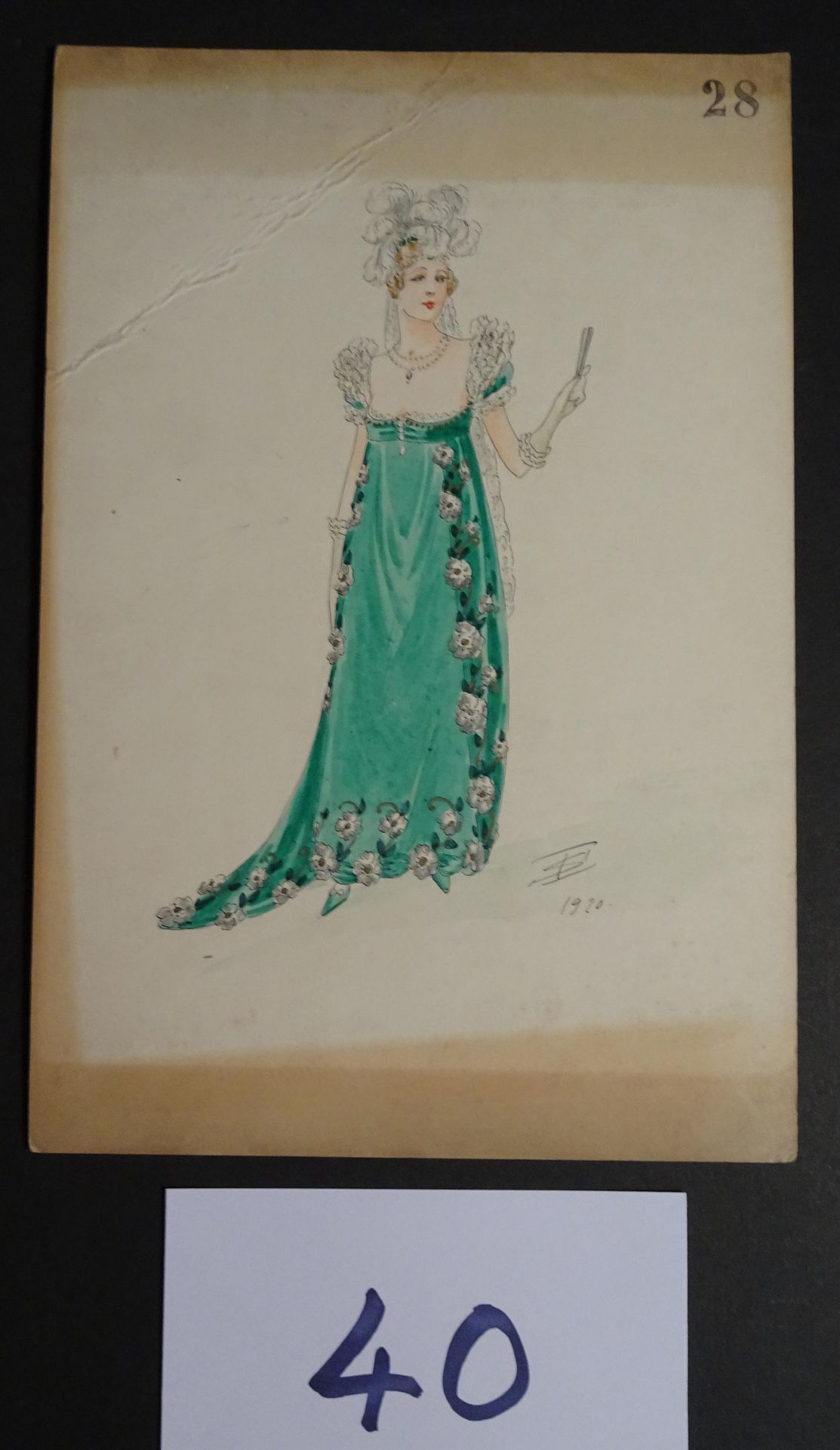 SOKOLOFF SOKOLOFF IGOR (20世纪初)

"拿着扇子的女人"。钢笔、墨水和水彩画。右下方有签名，日期为1920年。27 x 18厘米。