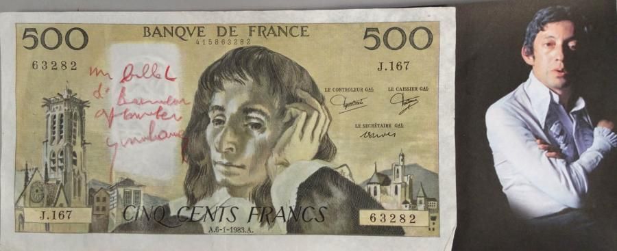 Null 

GAINSBOURG Serge (1928-1991): Billet de 500 francs signé au crayon rouge &hellip;