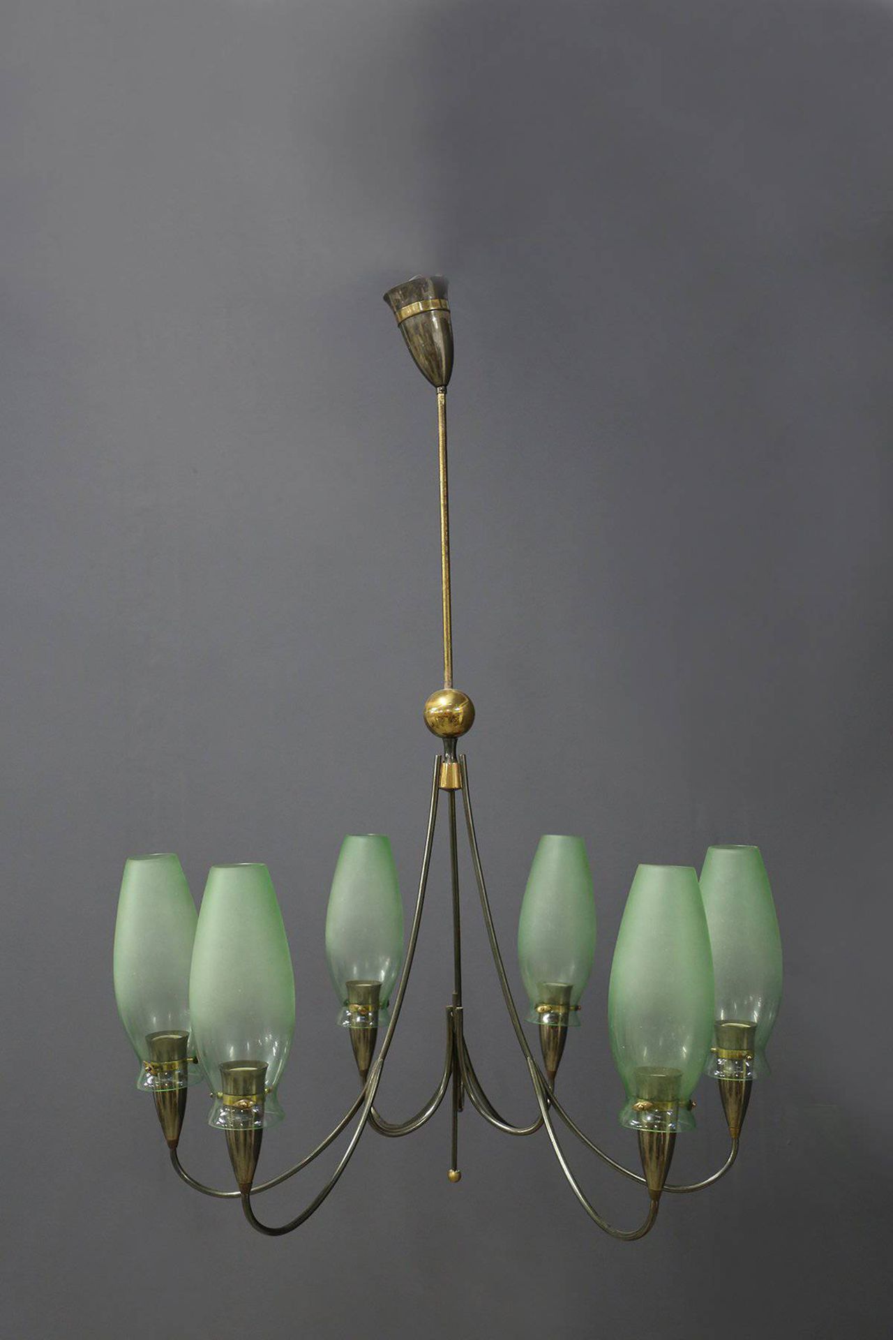 Brass and Murano glass chandelier. 1950s Six-armed chandelier in brass, nickel-p&hellip;