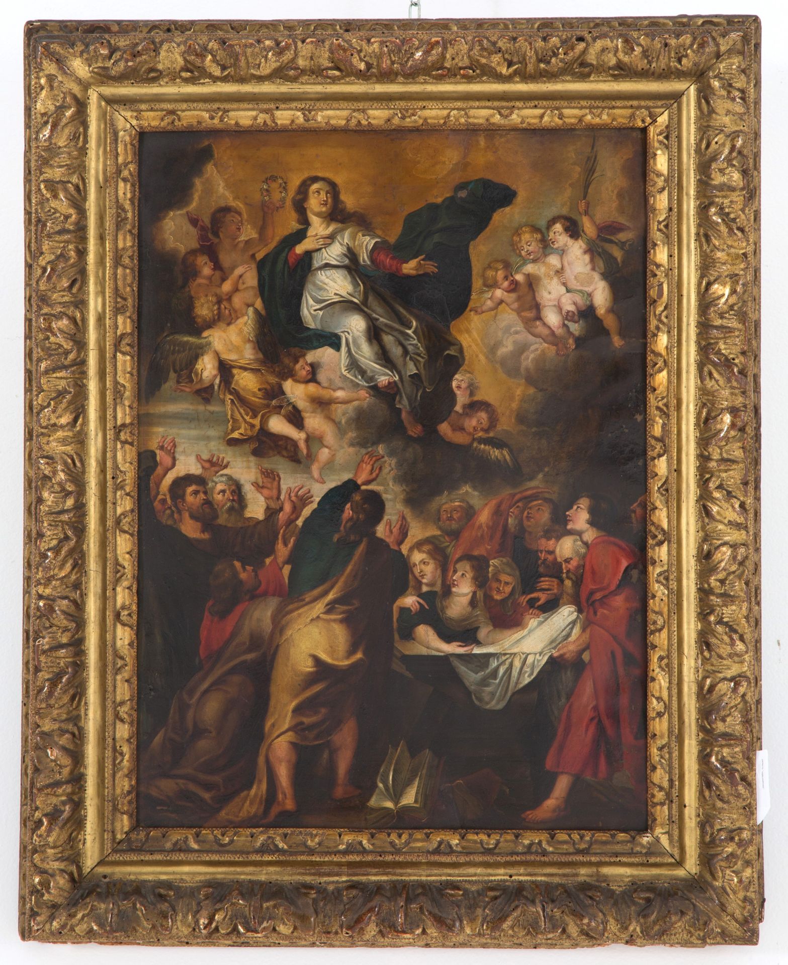 Painting "ASSUMPTION" 描绘 "圣母升天 "的铜制油画。作者：彼得-保罗-鲁本斯。17世纪。缺陷和修复。53x39厘米左右。