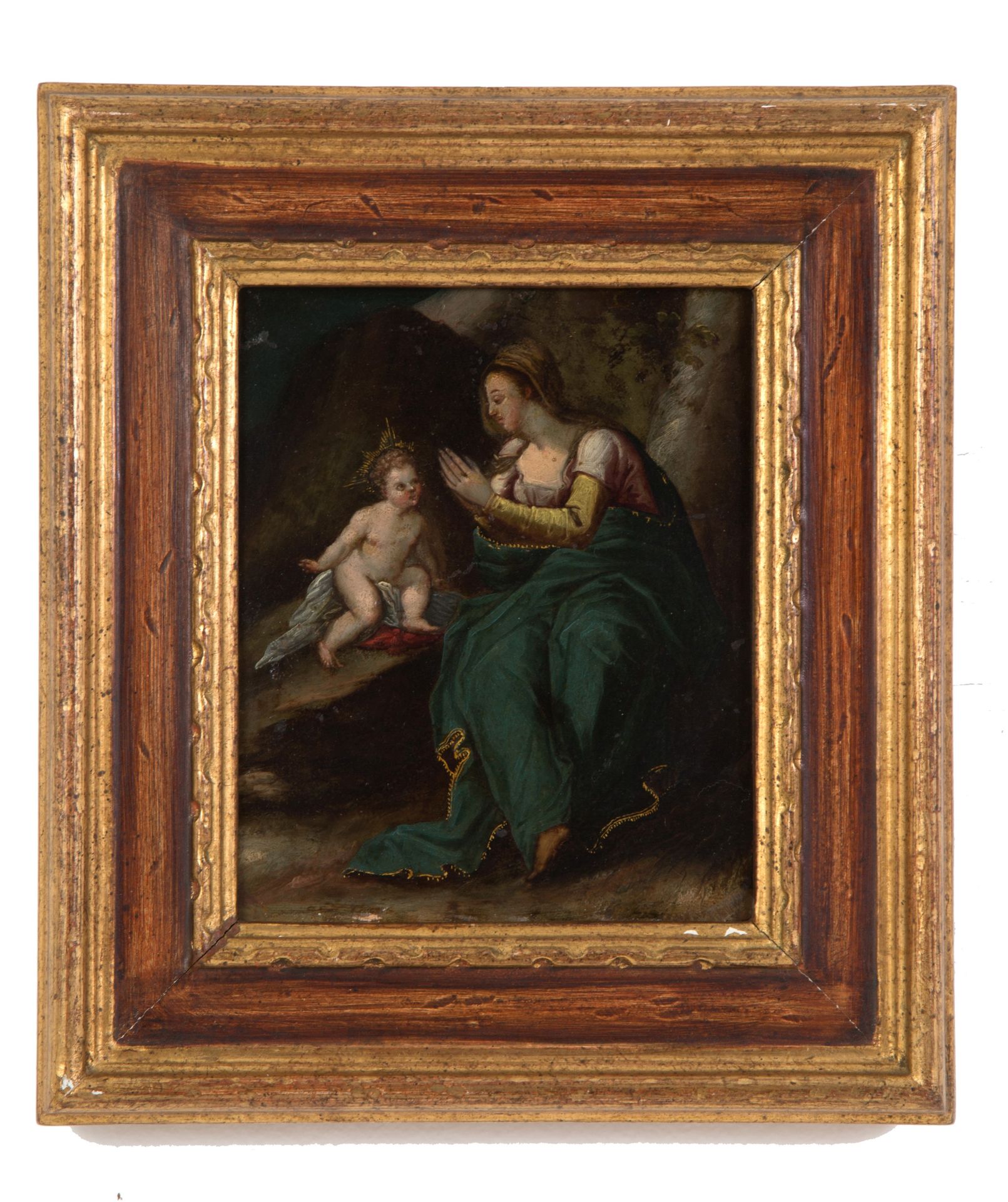 Painting "MADONNA AND JESUS" 铜制油画，描绘了 "玛东娜和耶稣的孩子"。17世纪。在框架内。 17x14.5厘米左右。