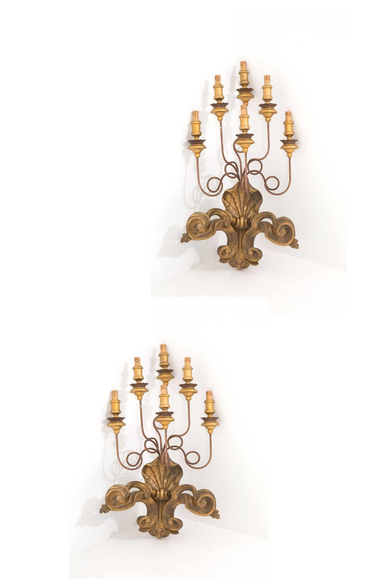 Pair of sconces Pair of six-armed sconces made of iron and gilded wood. Early 20&hellip;