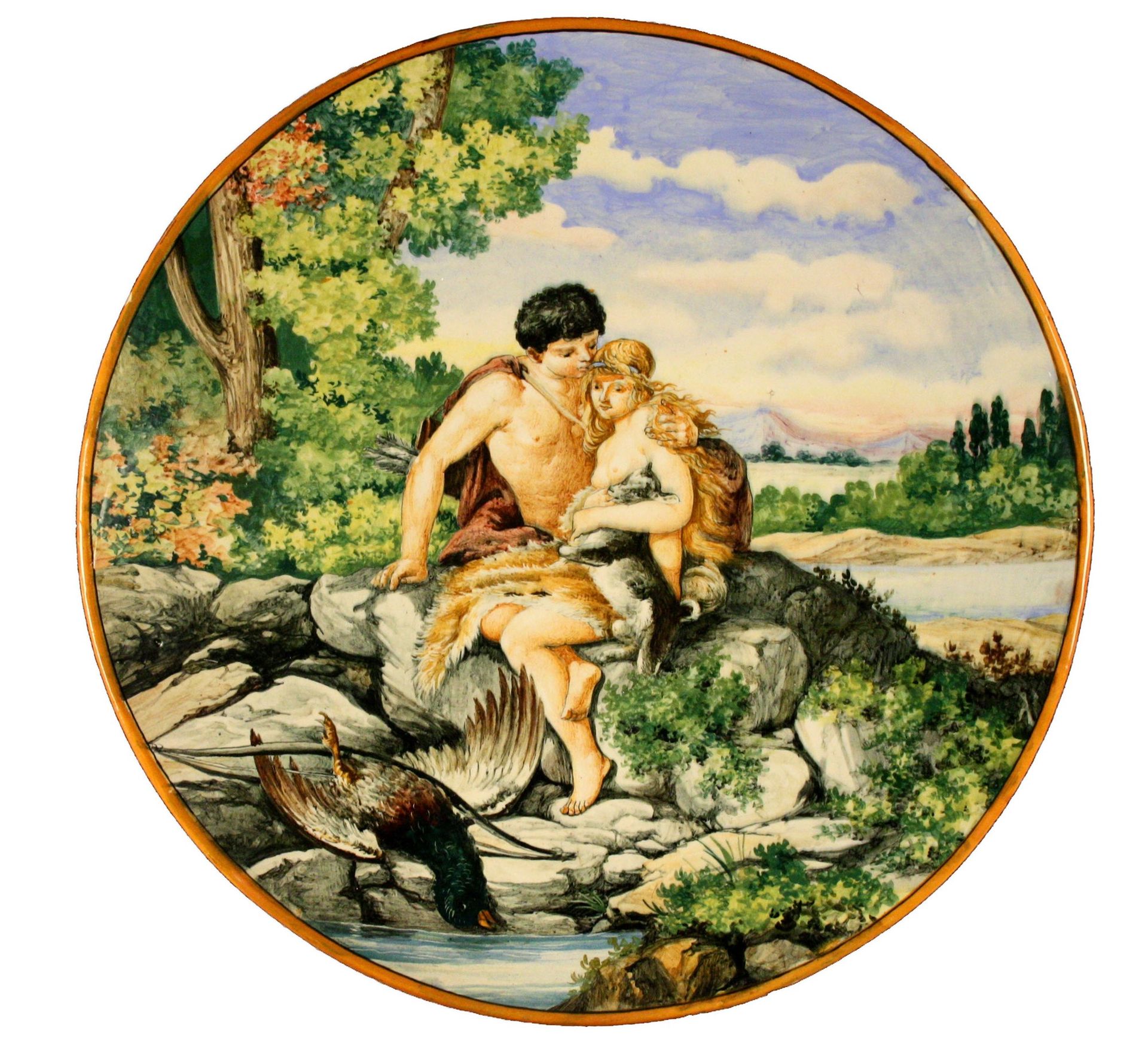 Ceramic plate ''MYTHOLOGICAL SCENE'' 描绘 "MITOLOGICAL SCENE "的彩绘陶板。意大利南部。19世纪晚期。直&hellip;