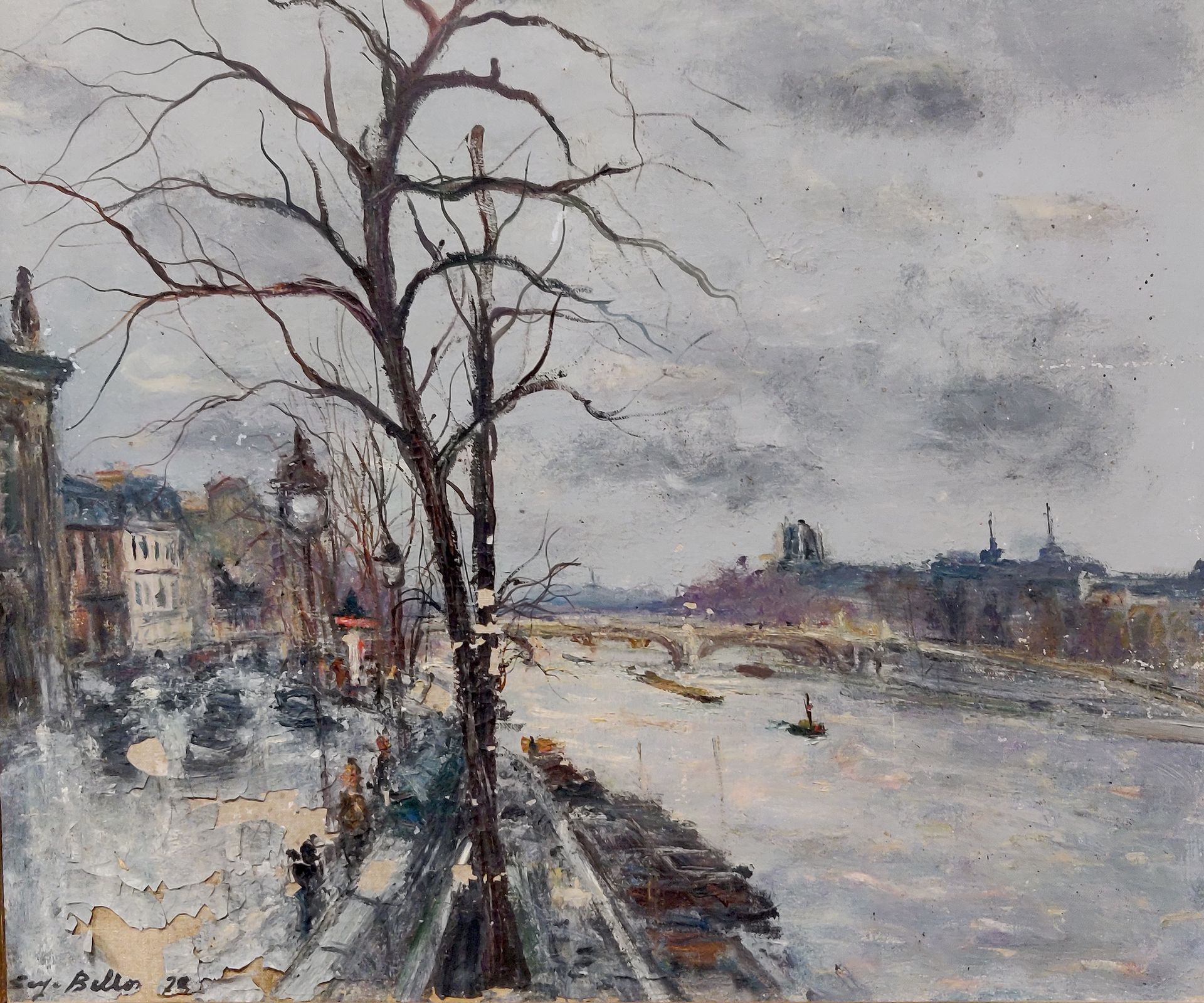 Null 塞尔吉-贝洛尼（1925-2005）。塞纳河的边缘。布面油画，左下角有签名和日期，47 x 55厘米。损坏和丢失的部件。