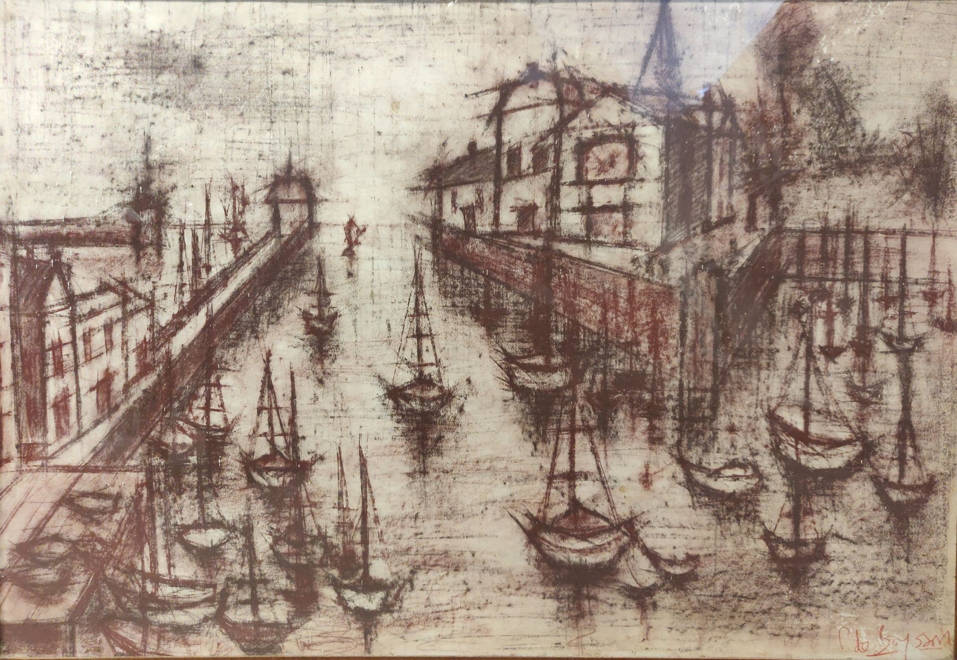 Null Patricia DE BOYSSON (1948), View of Port.红色和棕色的油性铅笔。签名。小裂缝。视图74 x 107厘米。
