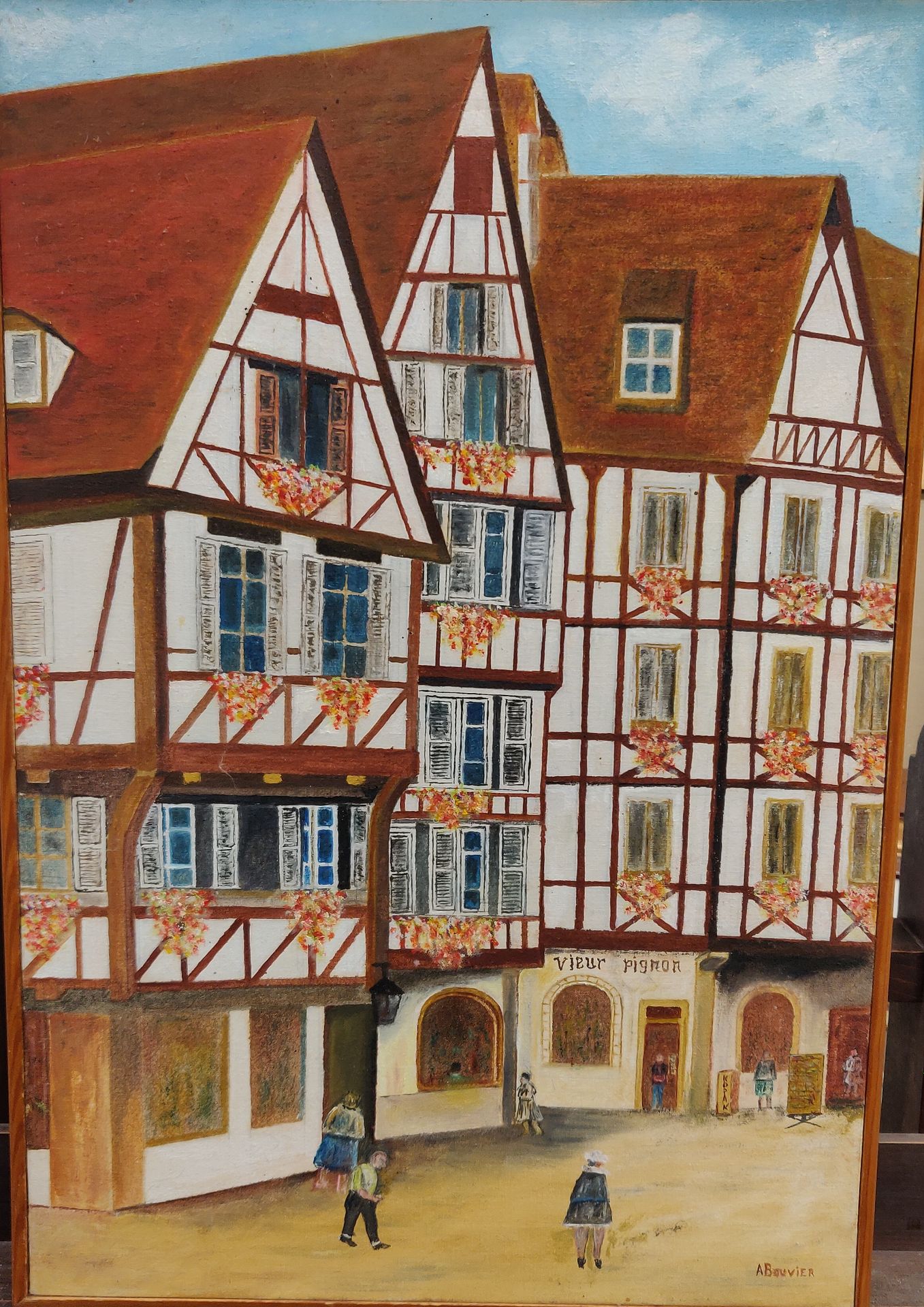 Null A. BOUVIER (XX). Street of Colmar: At the old gable. Oil on canvas signed l&hellip;