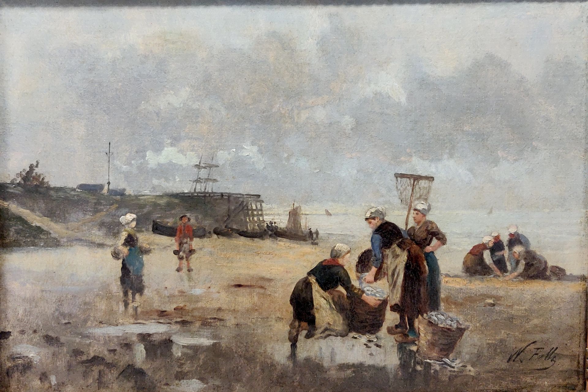 Null 19世纪末-20世纪初的学校。退潮时的女渔民。布面油画，右下角有签名(W. Falls?)。38 x 55厘米。