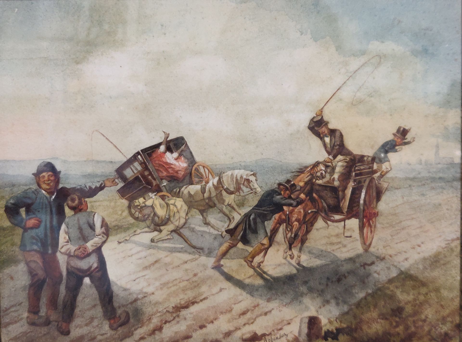 Null 归属于马蒂亚斯-罗宾逊（Matthias ROBINSON）（1856-1885年）。马车事故。有 "罗宾逊 "签名的水彩画。查看 :19 x 26 &hellip;