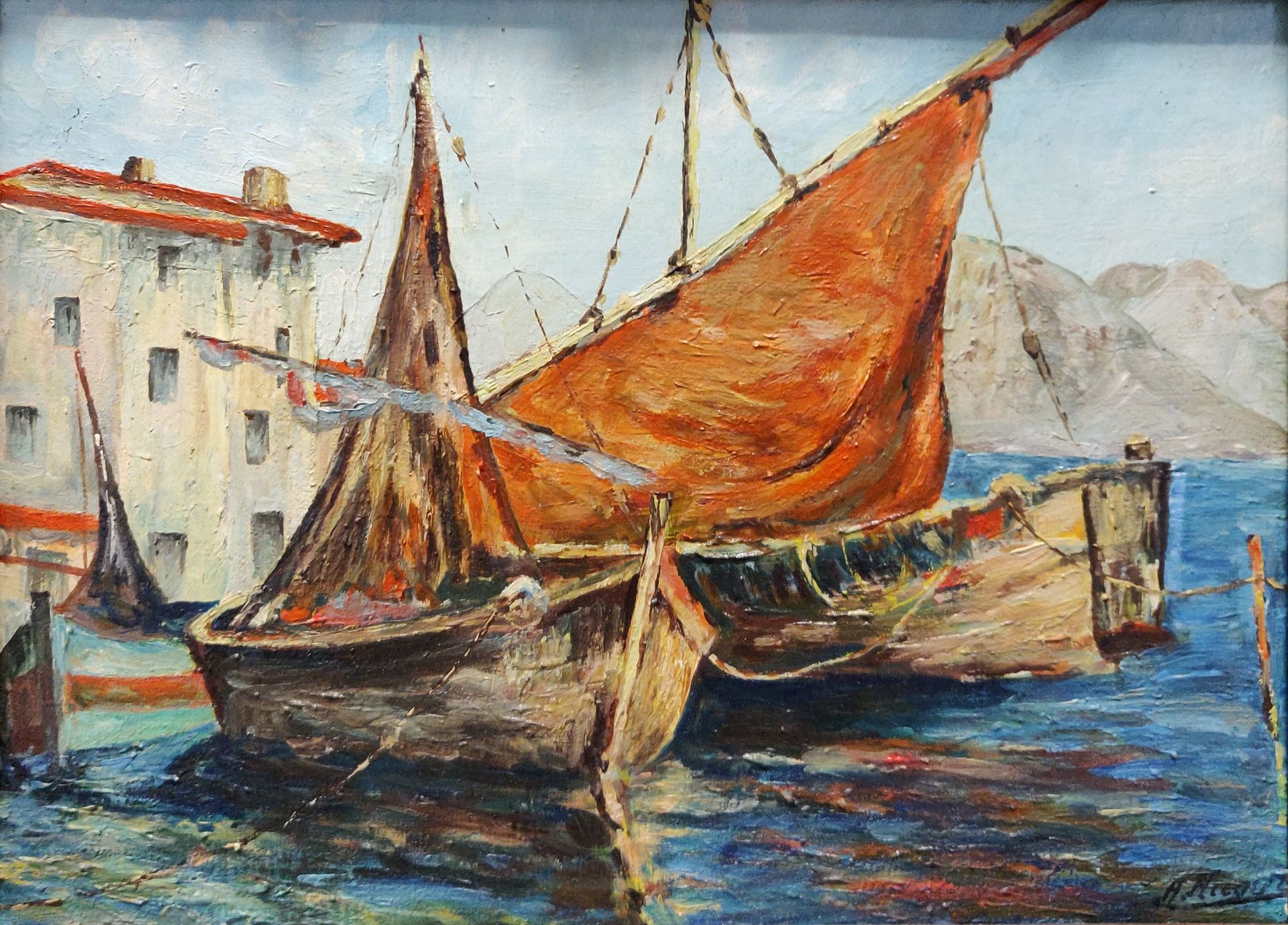 Null 20世纪的学校。地中海港口的帆船。布面油画，右下角有签名。25 x 34厘米。装在一个雕刻和粉刷过的木头和镀金框架中。