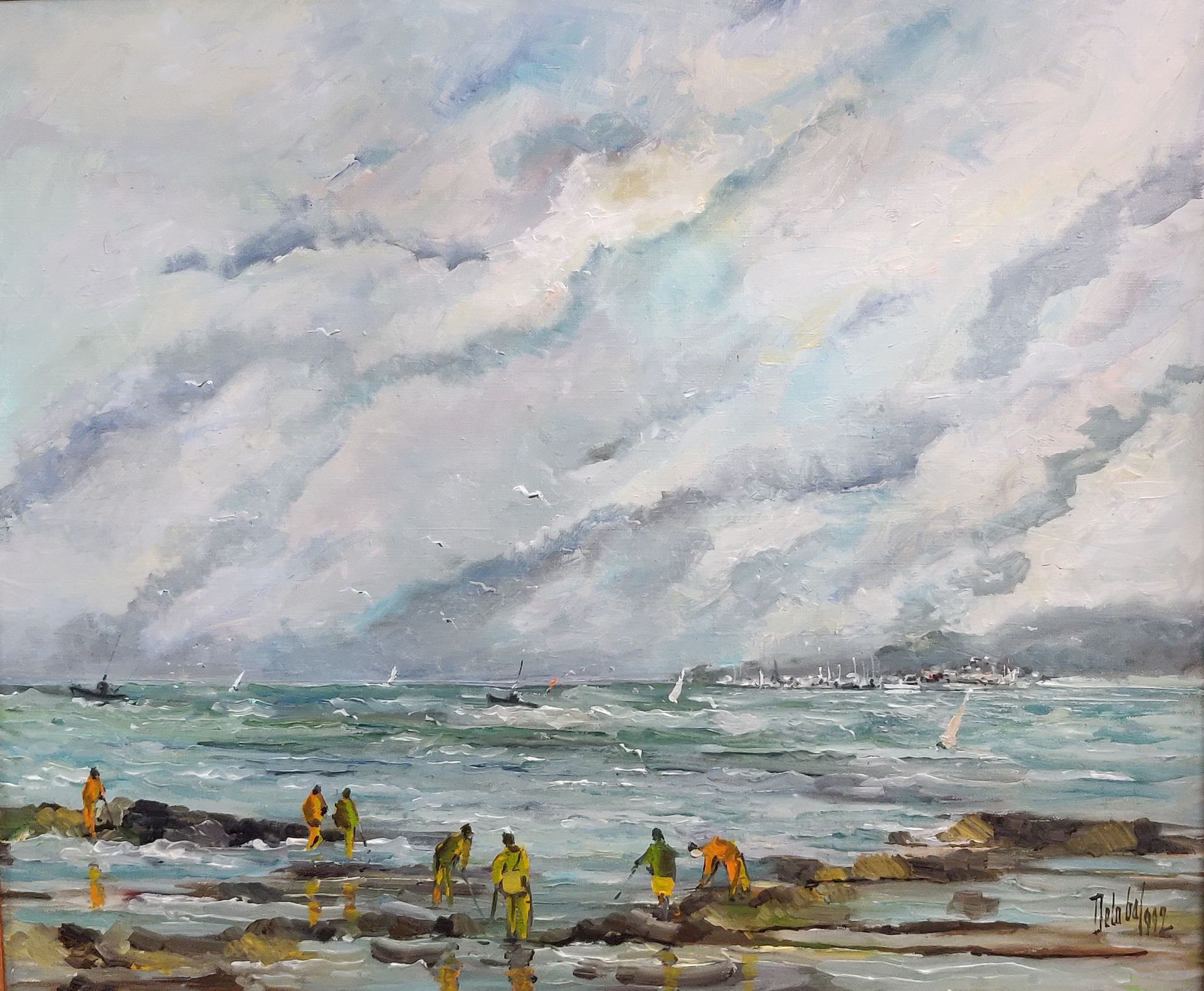 Null Christian DELOBEL (1933-2012). Fishermen in the rocks at low tide. Oil on c&hellip;