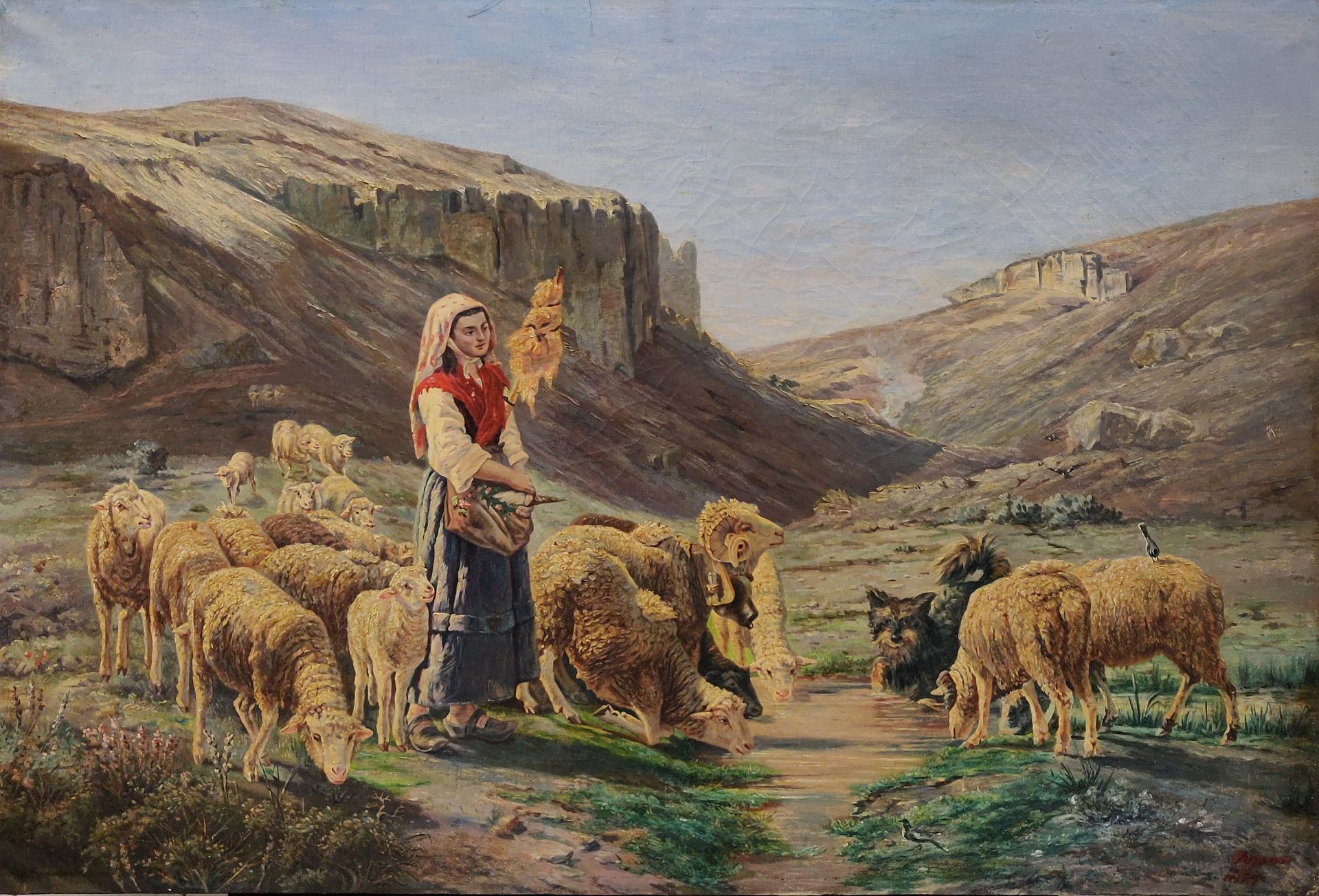 Null VAYSON（十九世纪末的学校），牧羊女和她的羊群在山上。布面油画，右下方有红色签名，日期为1887年，62 x 92厘米。恢复。边缘有磨损（未装裱）&hellip;