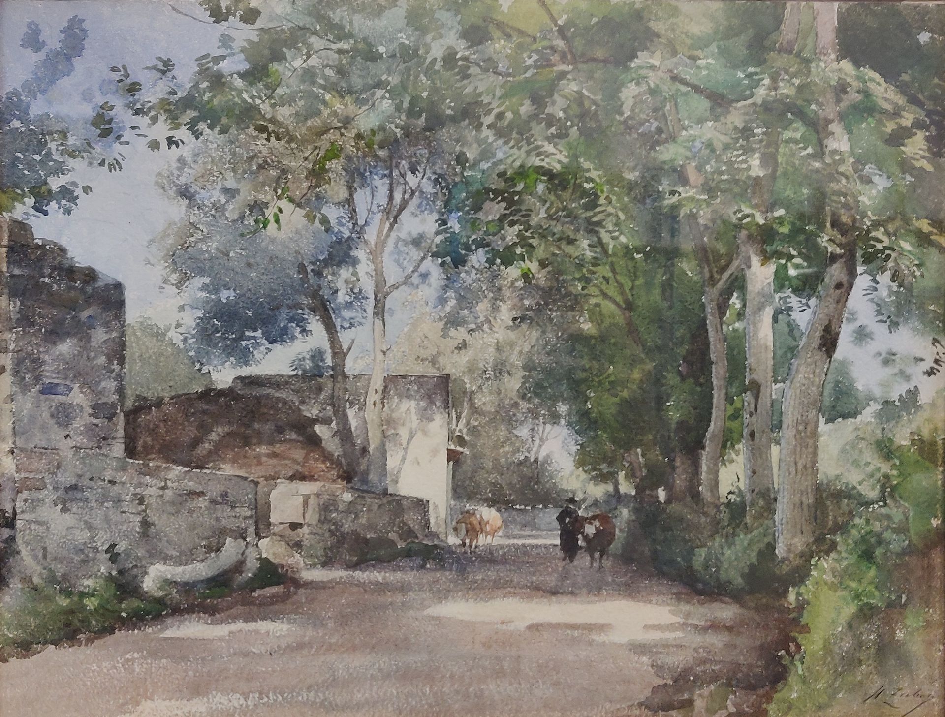 Null Henri ZUBER (1844-1909). Vaches sur un chemin arboré. Aquarelle sur papier &hellip;