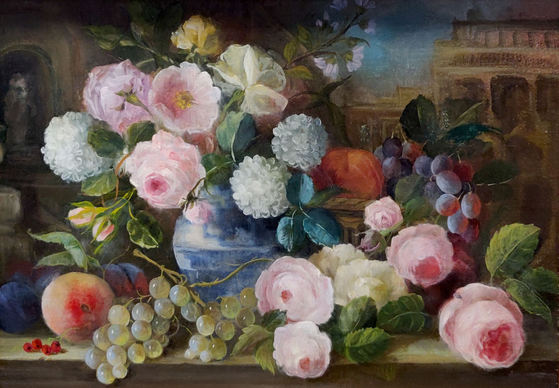 Null Schule des 19. Jahrhunderts. Stillleben mit einer Vase mit Blumen und Traub&hellip;