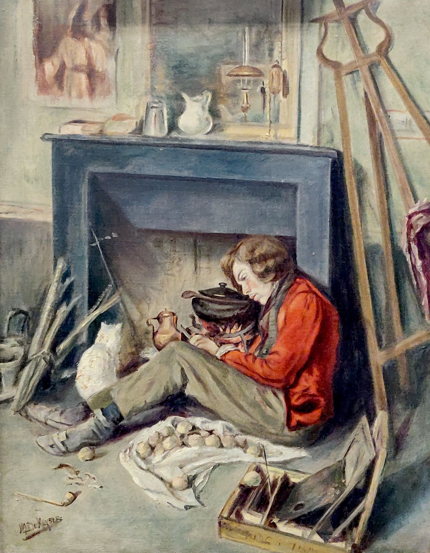 Null 在Octave TASSAERT（1800-1874）之后。一个车间的内部，代表一个年轻人在火边削苹果。画布上的油画，左下角署名DE KEYSERT。&hellip;
