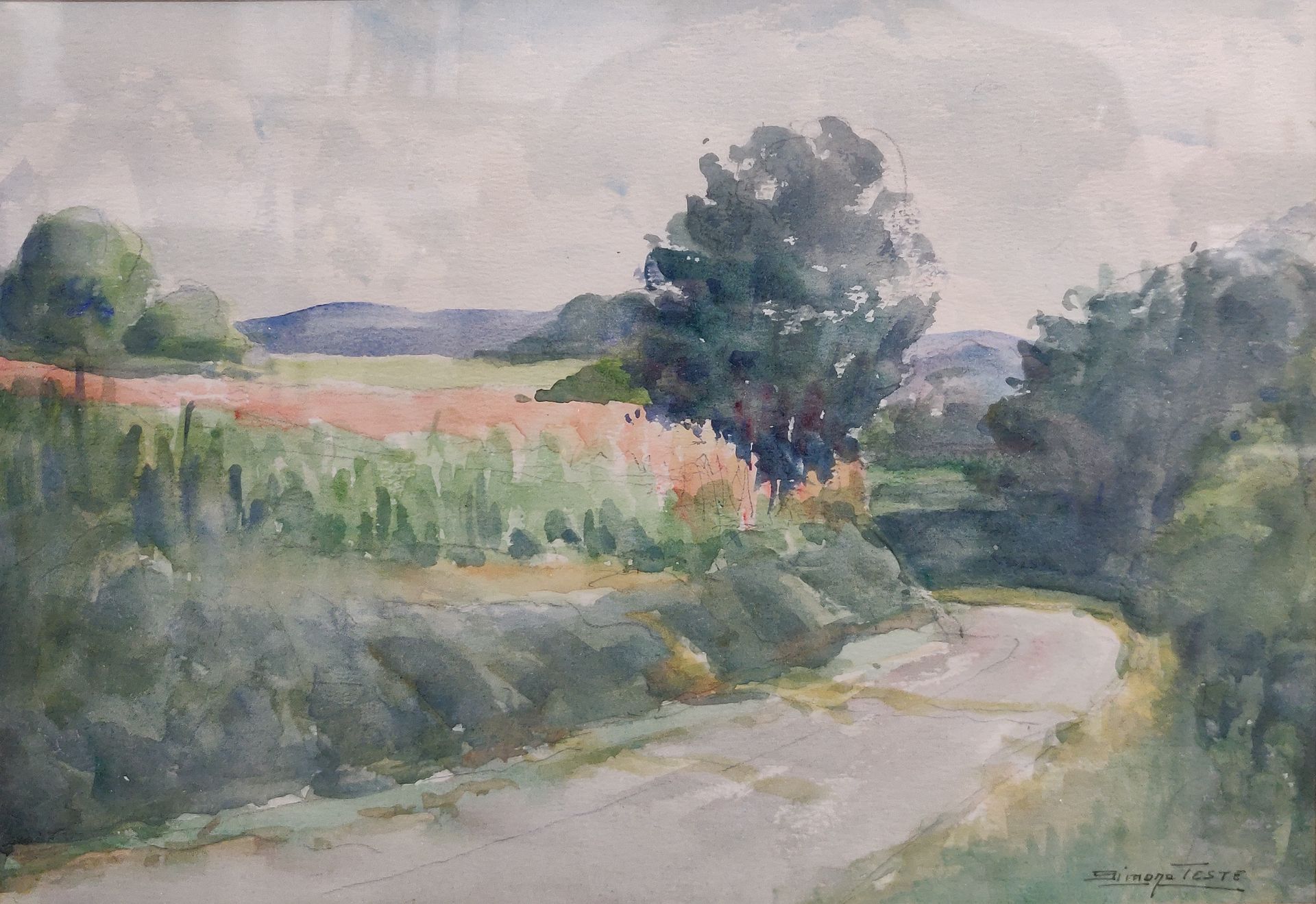 Null Simone TESTE (1905-1990)。乡村公路。水彩画，右下方有签名。视图：24 x 34厘米。