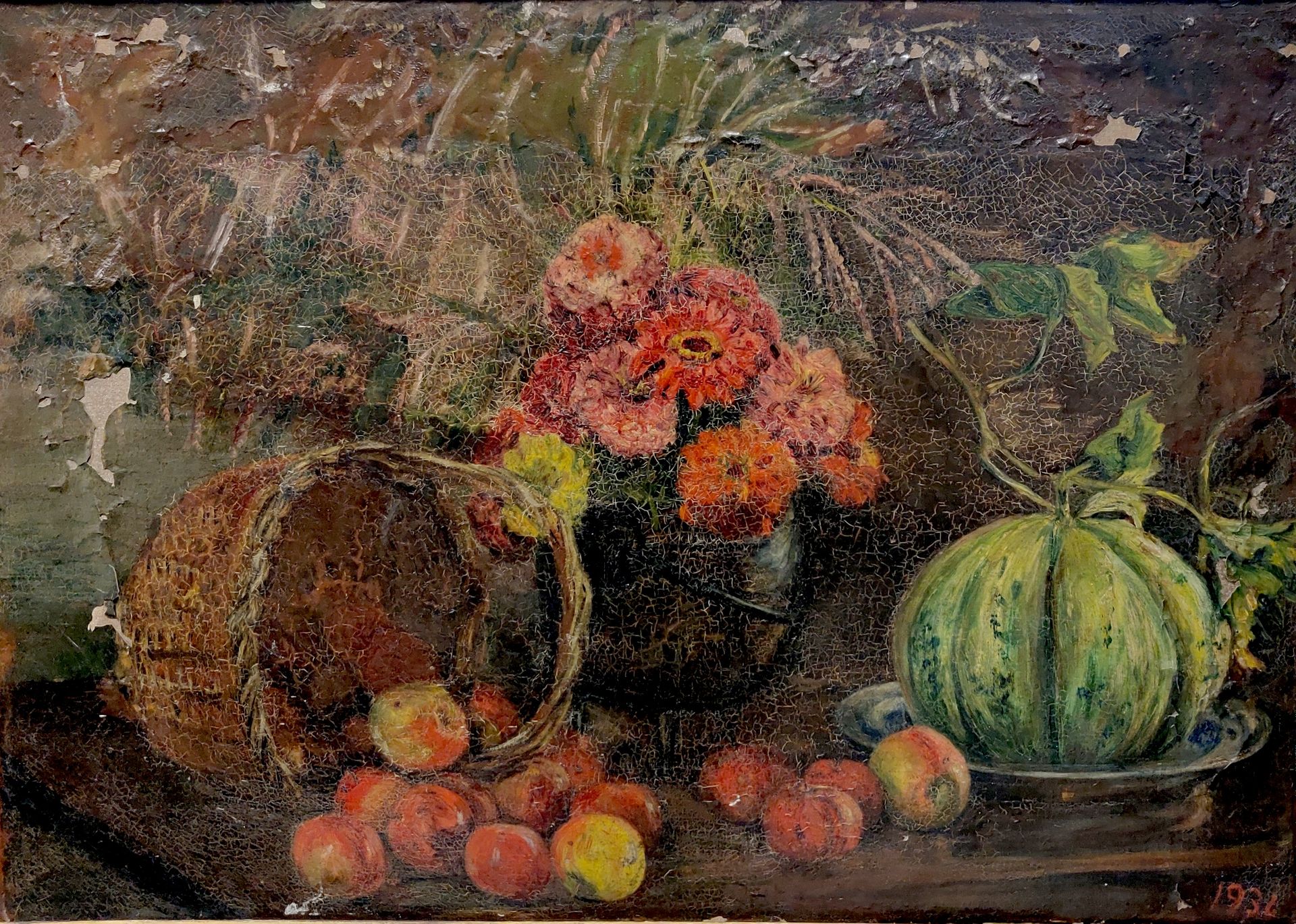 Null Scuola del XX secolo. Natura morta con mele, meloni e vaso di fiori. Olio s&hellip;