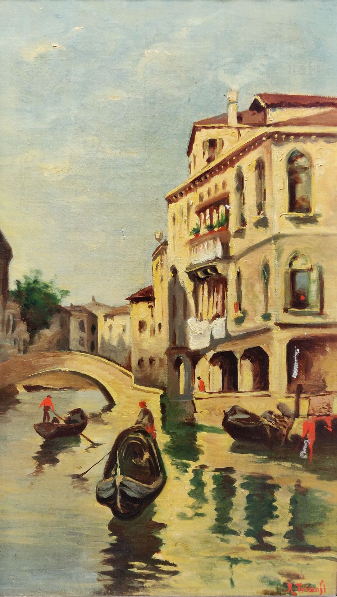 Null School of the 20th century. Gondolas in Venice. Oil on canvas signed lower &hellip;