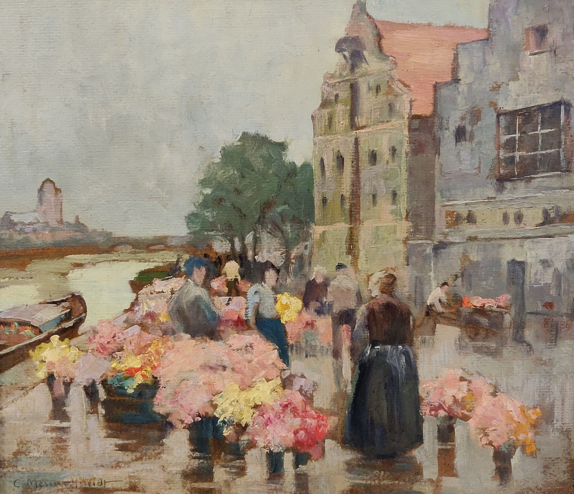 Null 库尔特-梅塞施米德（1877-？花卉市场。左下角签名的板面油画，42,5 x 49厘米。