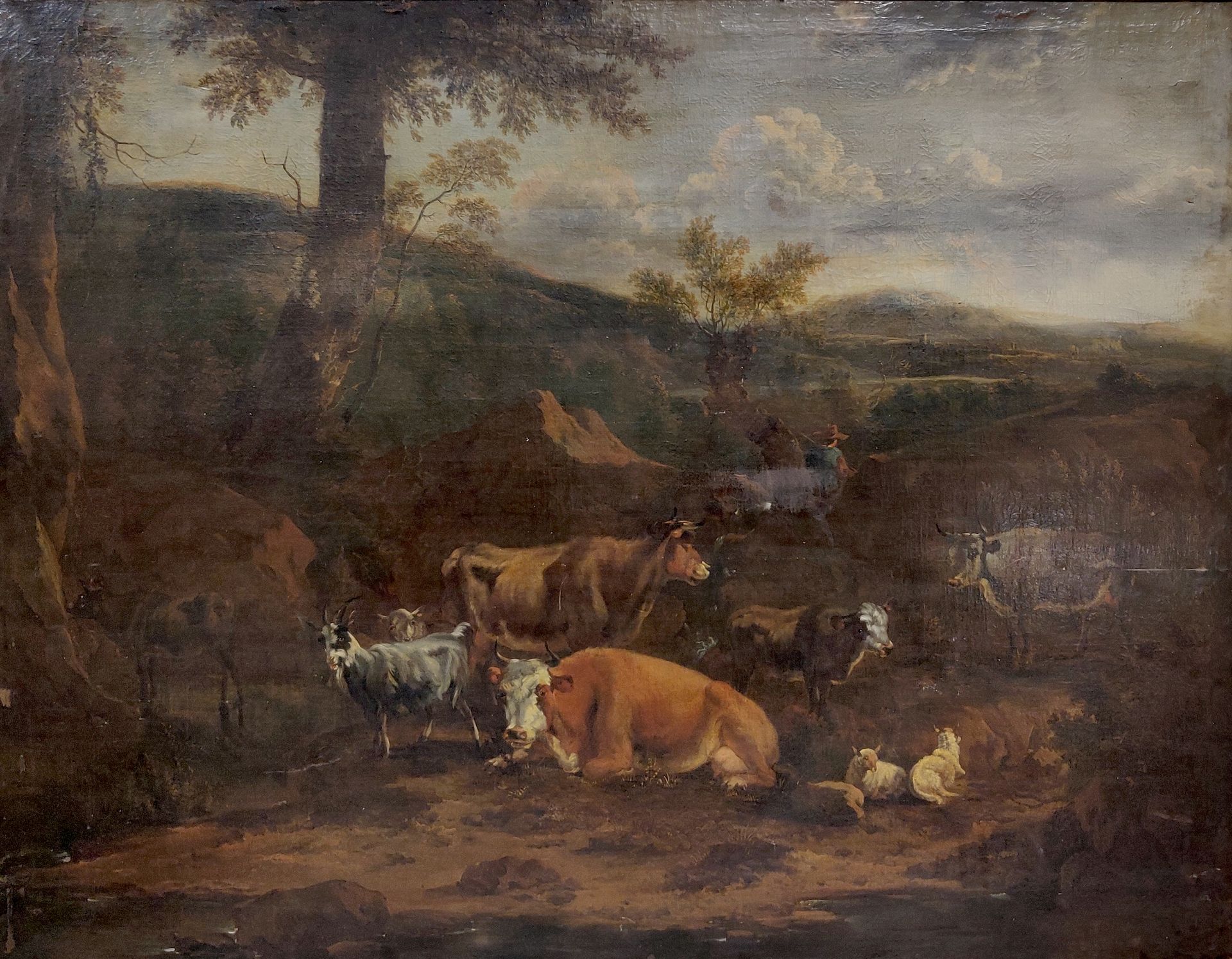 Null 17世纪的佛兰德学校。农民和奶牛在黄昏的风景中。布面油画。107 x 136厘米。小震荡、升降机、磨损。