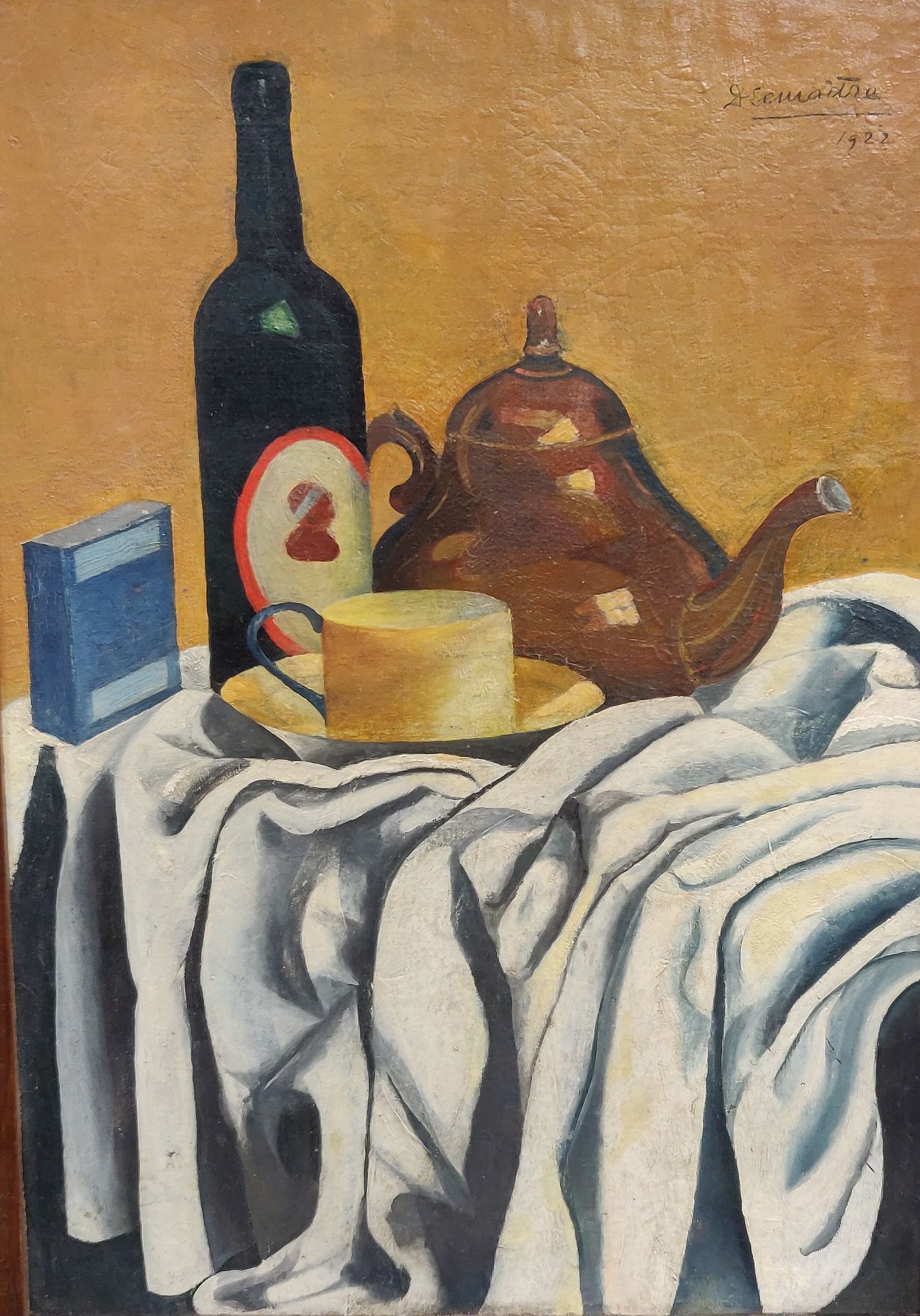 Null A.LEMAITRE（第二十次）。一瓶酒和一个茶壶的静物。布面油画，右上角有签名，62 x 56厘米。小事故。