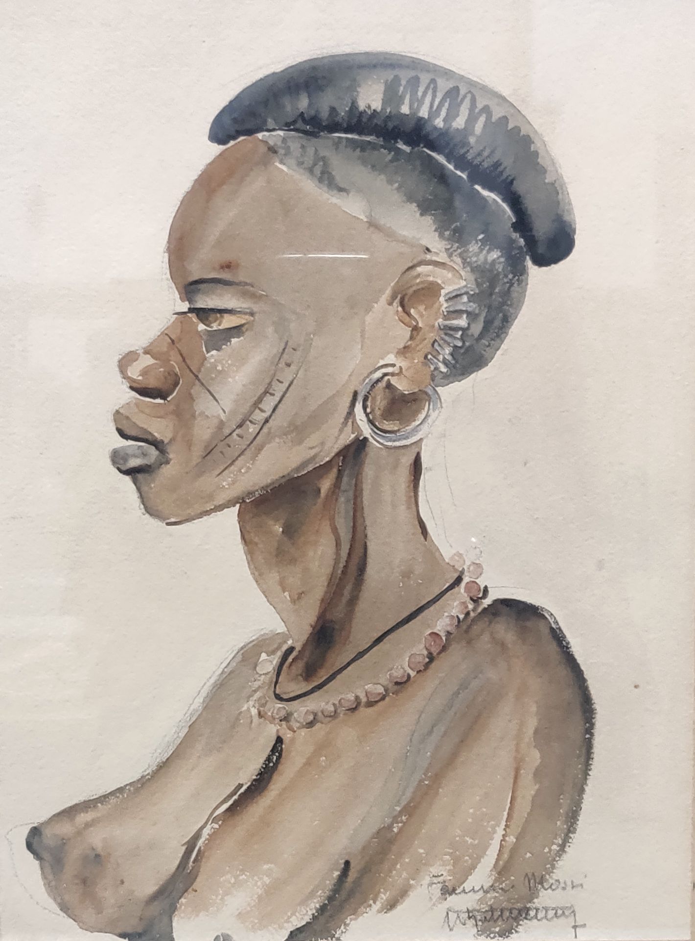 Null Ecole française vers 1930. Portrait de femme Massaï. Aquarelle signée, daté&hellip;