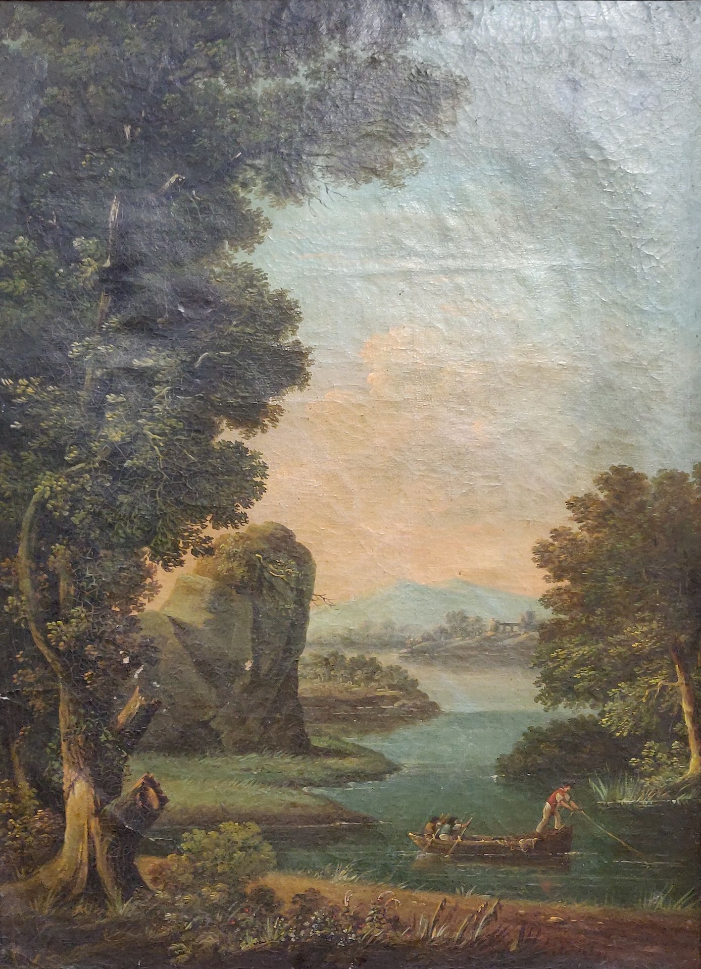 Null 19世纪的学校。河流景观与船上的渔民。布面油画，66 x 49厘米。磨损和撕裂