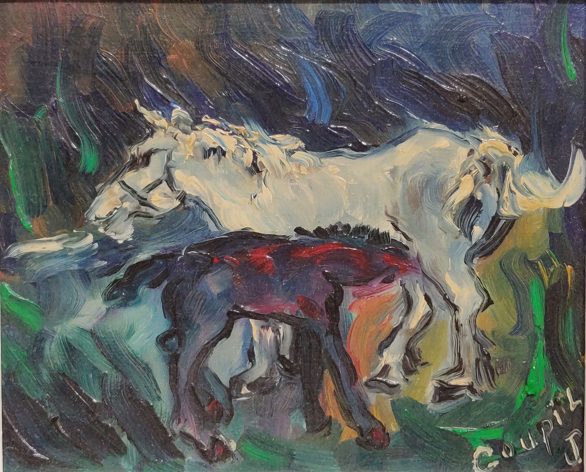 Null GOUPIL（XX世纪）。母马和她的小马驹。丙烯酸画布，右下角有签名，背面有1968年的日期，22,5 x 27,5厘米。