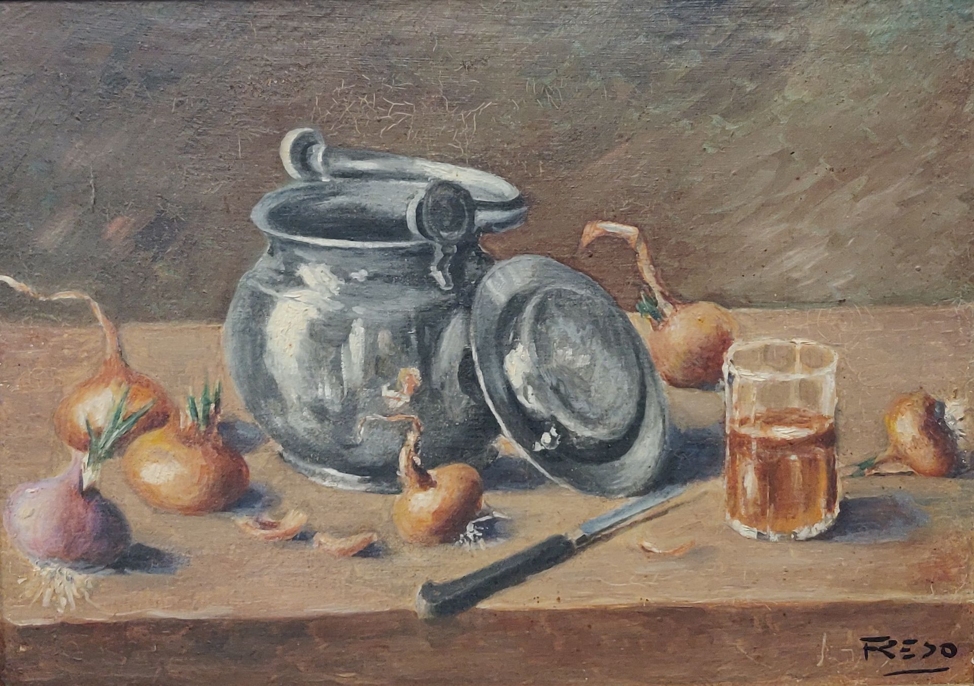 Null School of the XXth century. Still life with onions and tin cauldron. Oil on&hellip;