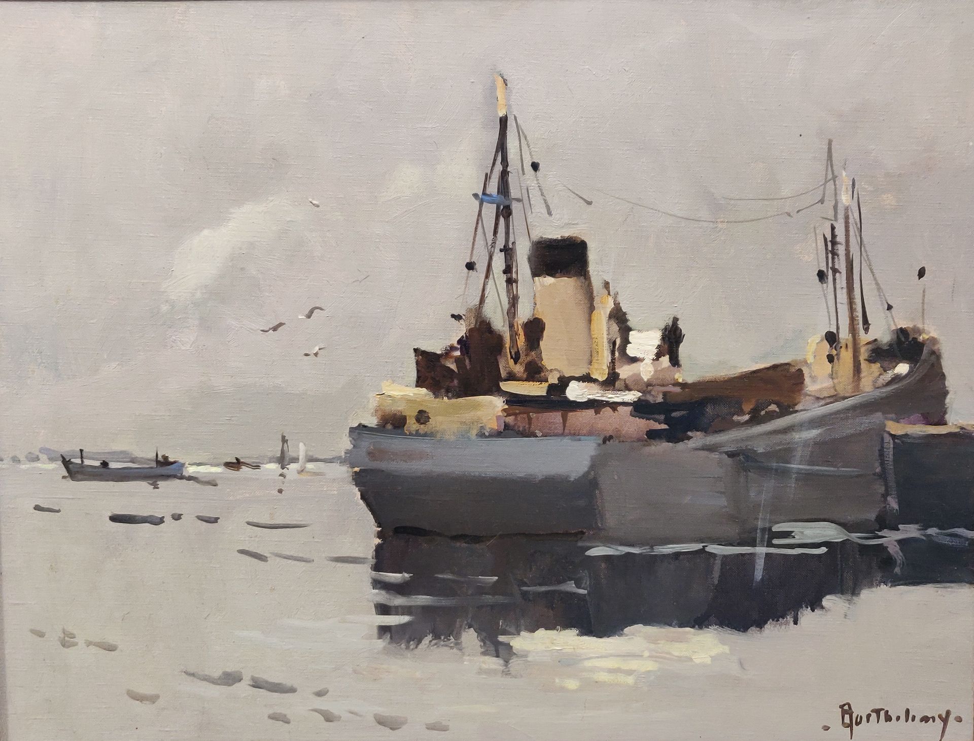 Null 热拉尔-巴特勒米（Gérard BARTHELEMY）。码头上的船。布面油画，右下角有签名，背面有标题，50 x 65 cm。