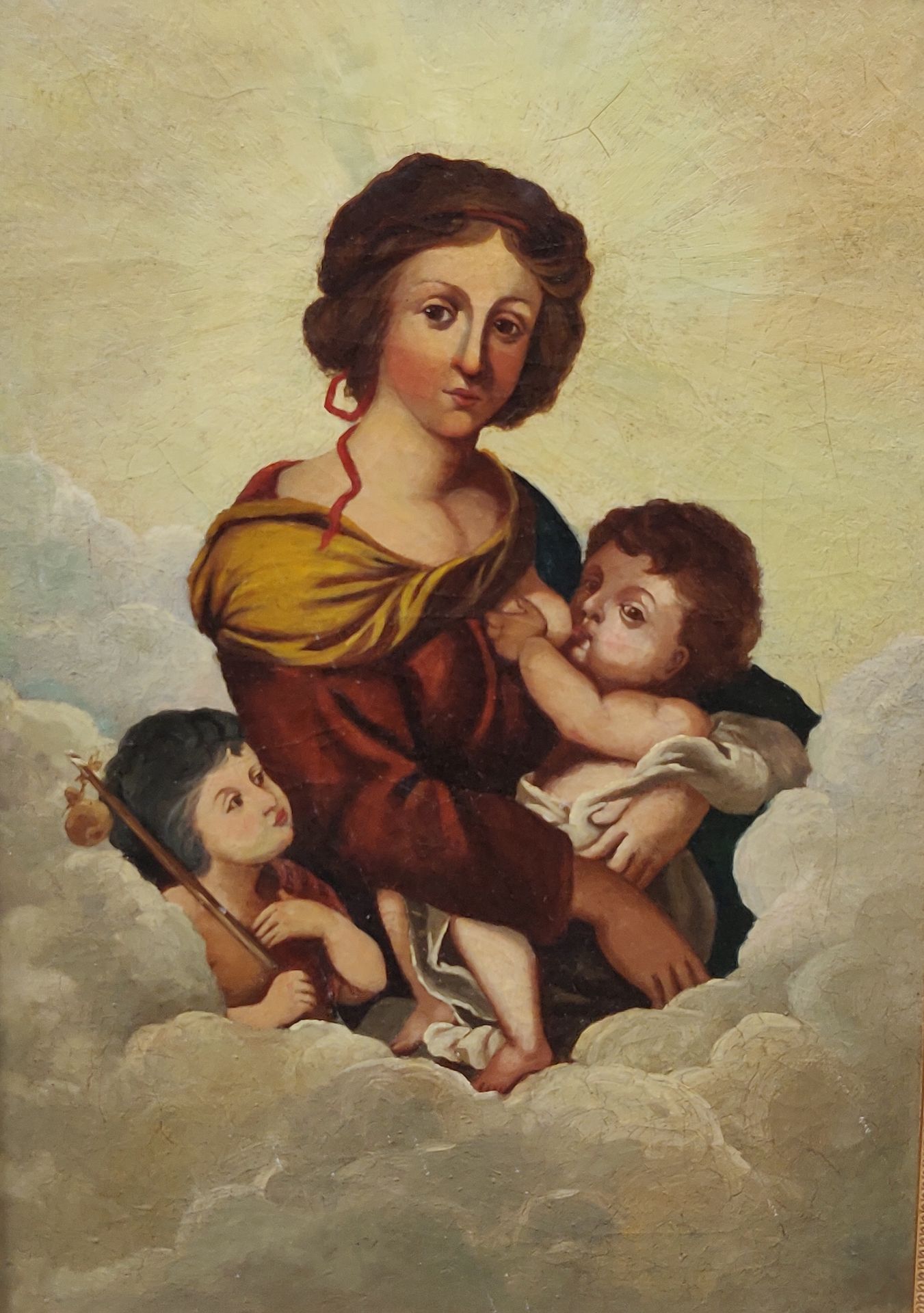 Null 20世纪的学校。圣母子与施洗者圣约翰在云中。布面油画，65 x 46厘米。