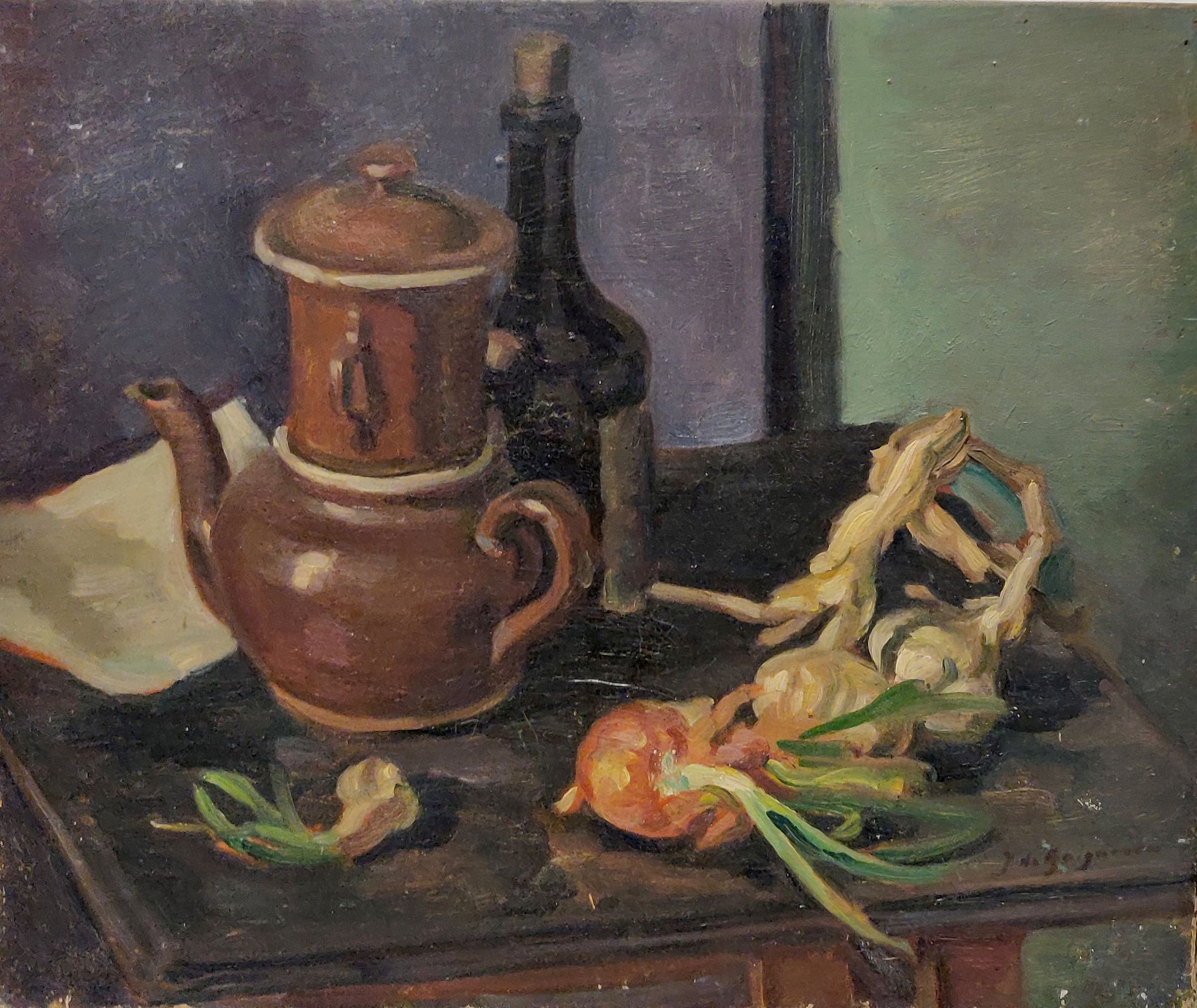 Null 让-德-盖尼隆（1890-1976）。有咖啡壶和洋葱的静物。布面油画，右下角有签名。不含框架。38 x 46厘米。边缘有小的损坏。