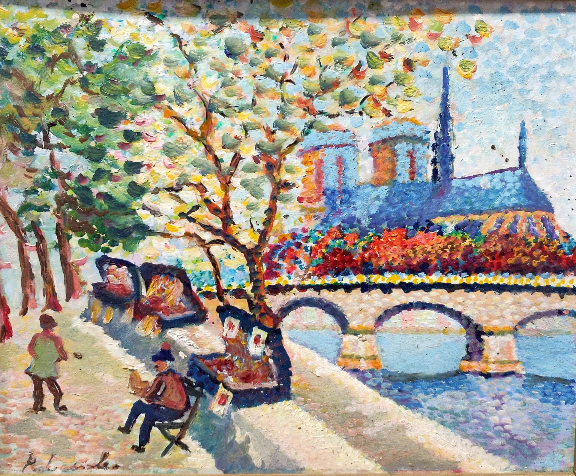 Null Pierre LASSALE, Bouquiniste en bord de Seine devant Notre-Dame de Paris. Ol&hellip;