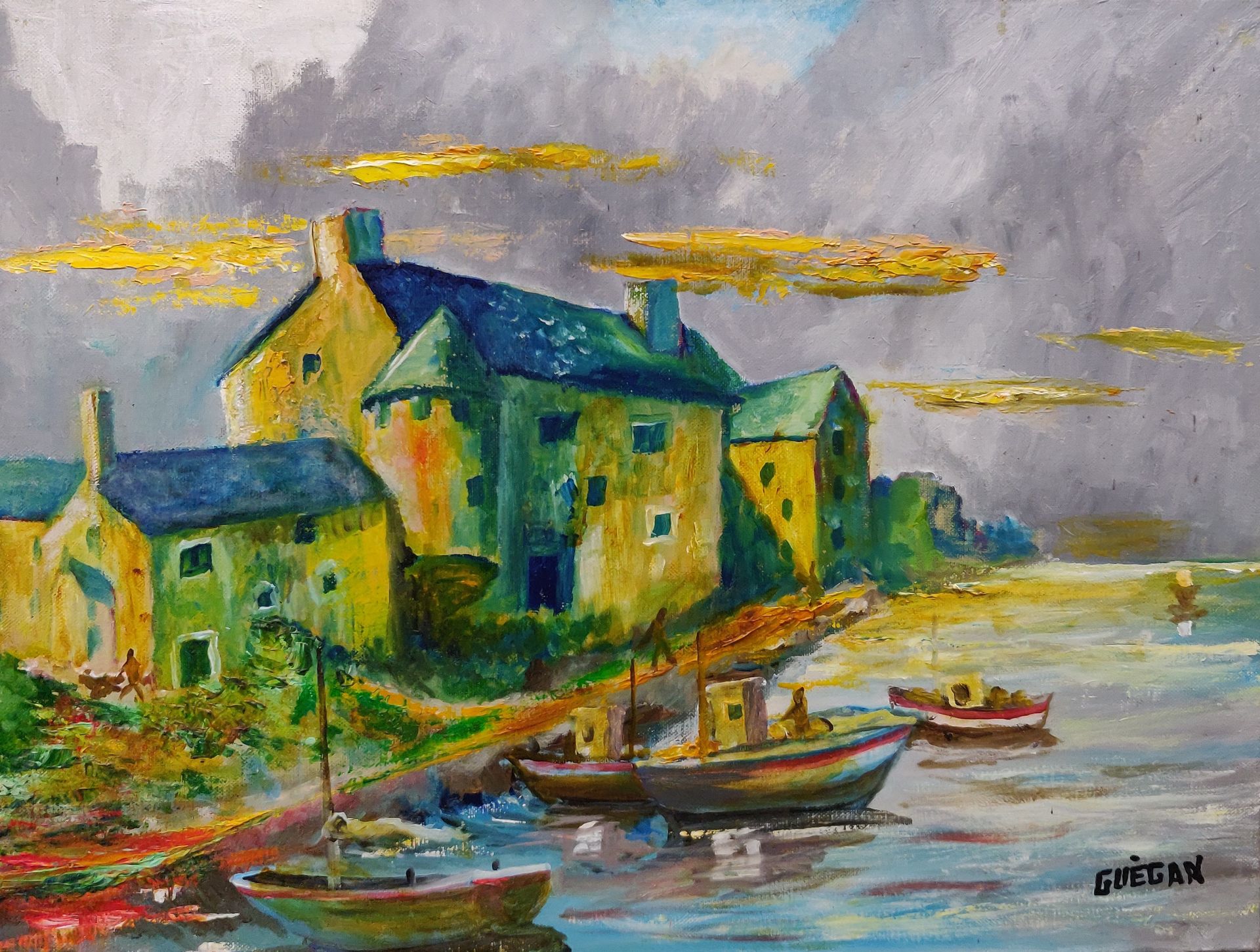 Null 
 GUEGAN (XX). Le Conquet: fisherman's cakes at the quay. Oil on canvas sig&hellip;