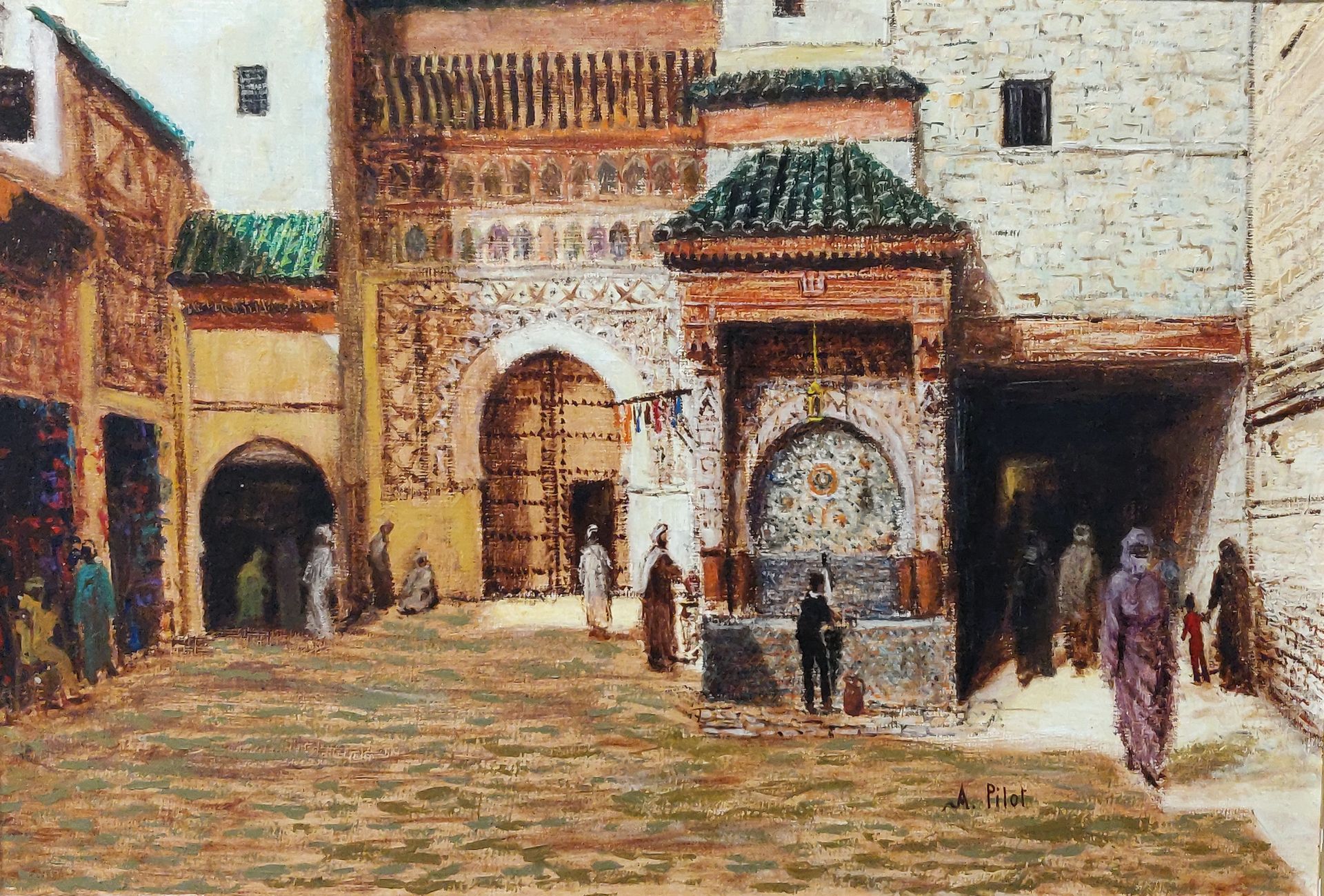 Null Albert PILOT (1922-2002). Nejjarine square in Fez. Oil on canvas signed dow&hellip;