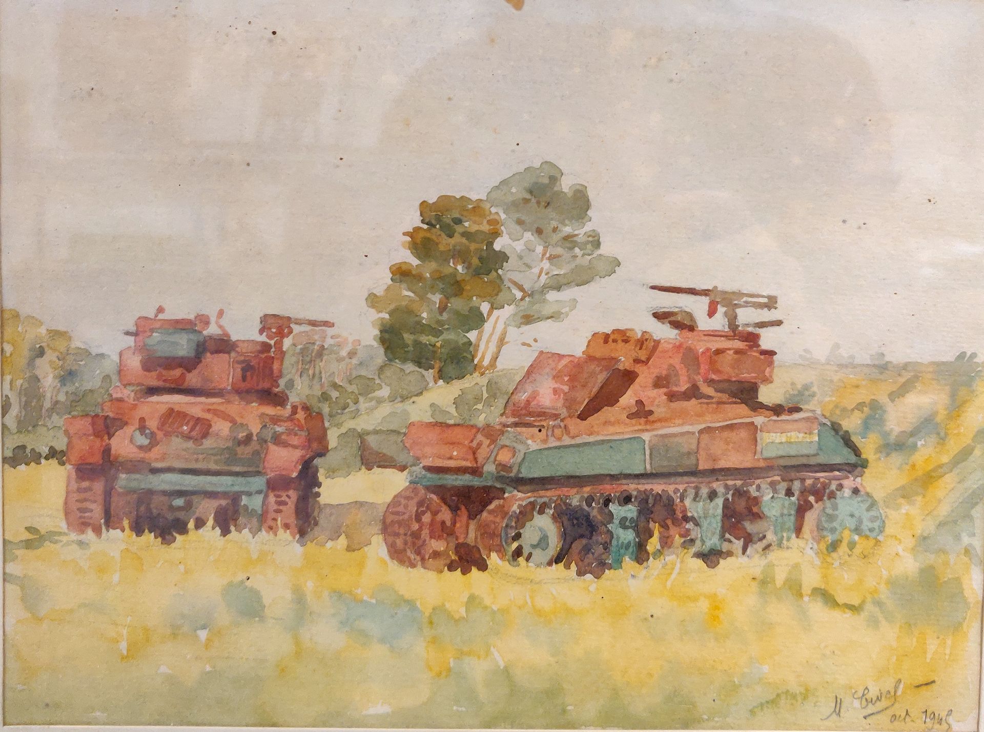 Null Schule des 20. Jahrhunderts. M. CIVEL (?), Panzer. Aquarell signiert unten &hellip;