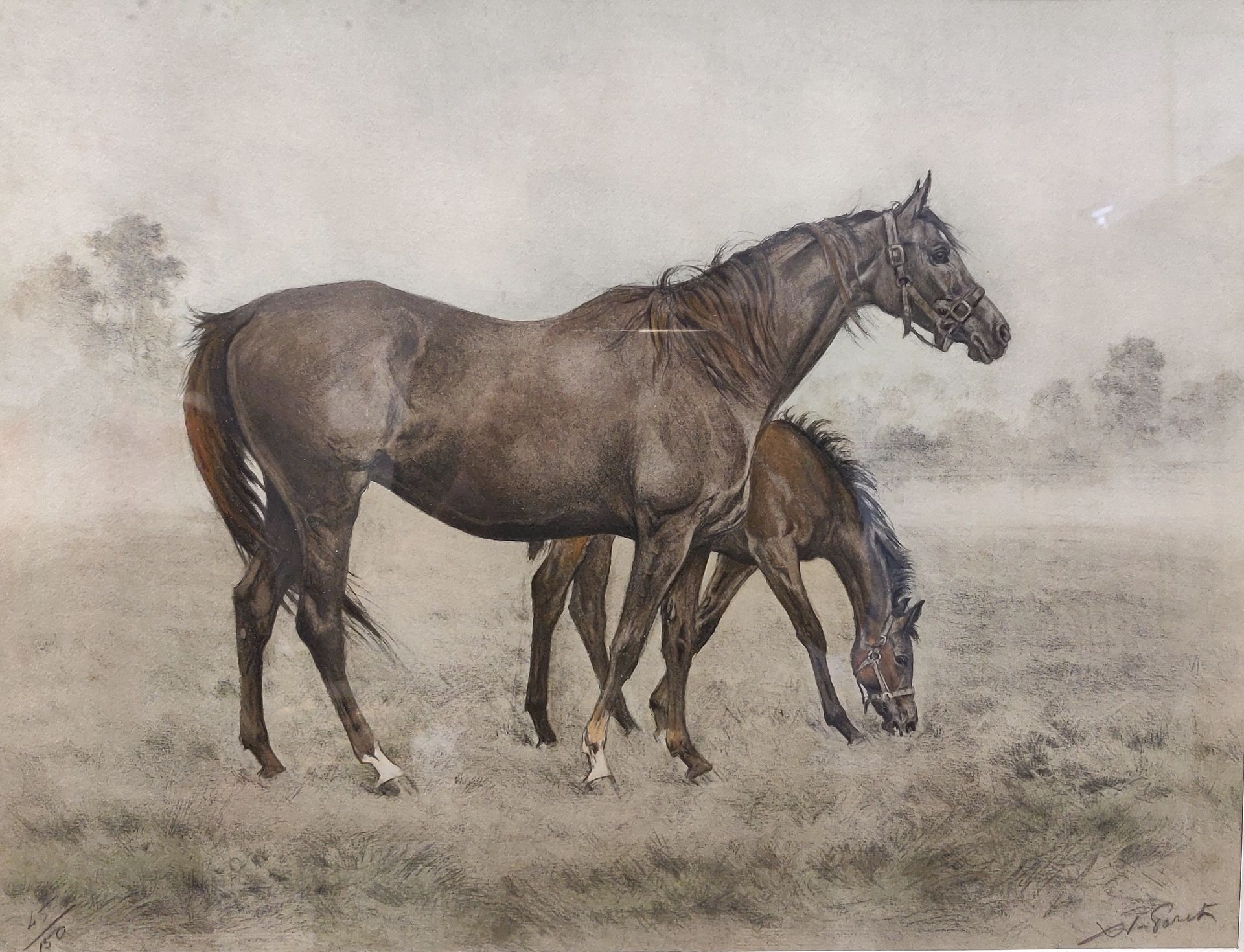 Null 泽维尔-德-波雷（1894-1975）。母马和她的小马驹。铅笔风格的印刷品，有签名和编号的45/150。视图：41 x 54厘米。