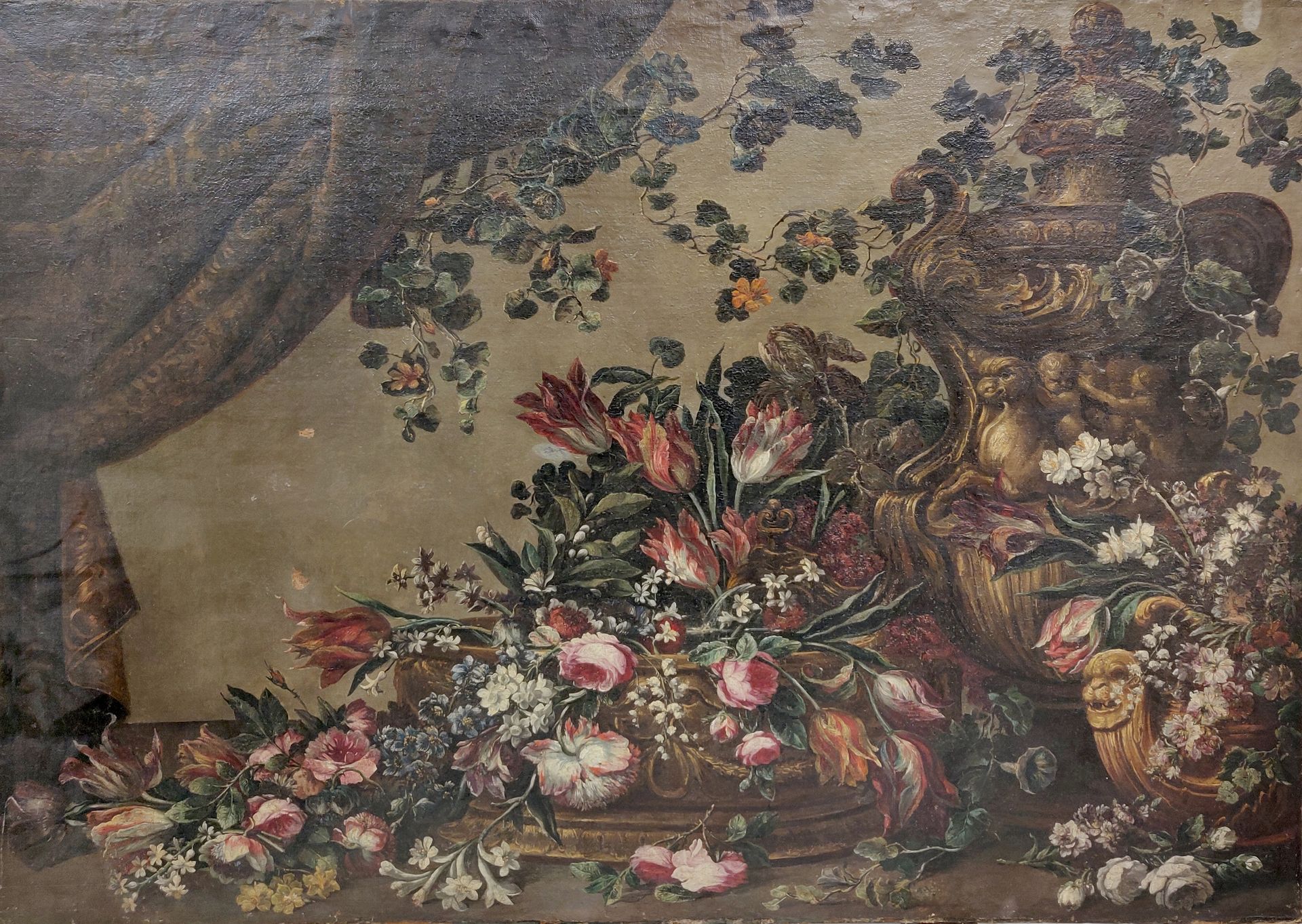 Null 18世纪的学校。鲜花的静物。布面油画。108,5 x 153,5厘米。磨损，画布上有小事故。