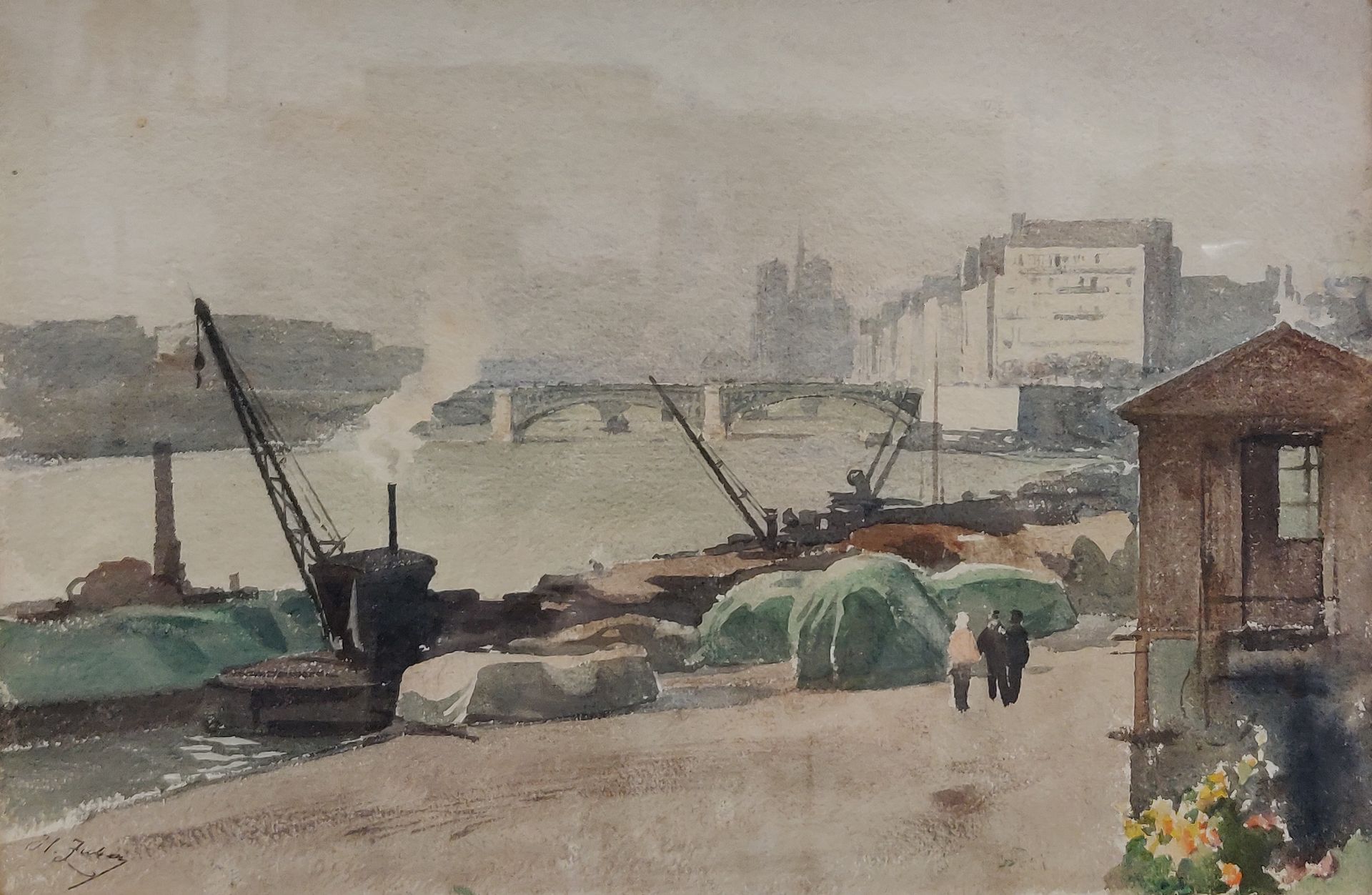 Null Henri ZUBER (1844-1909). Stroller on the quays of the Seine in Paris with N&hellip;